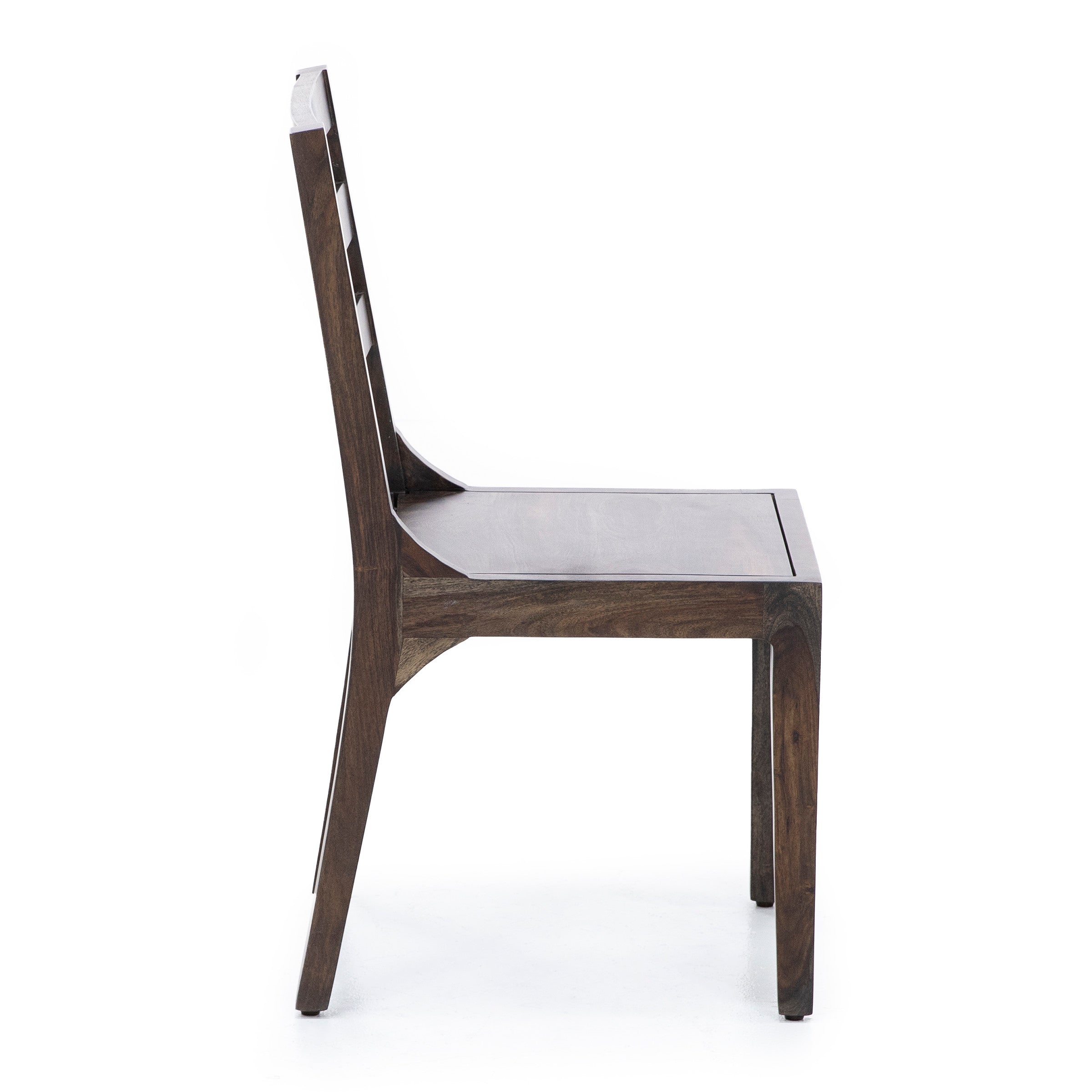 Side view of a modern wooden chair with a slatted backrest on a white background.
