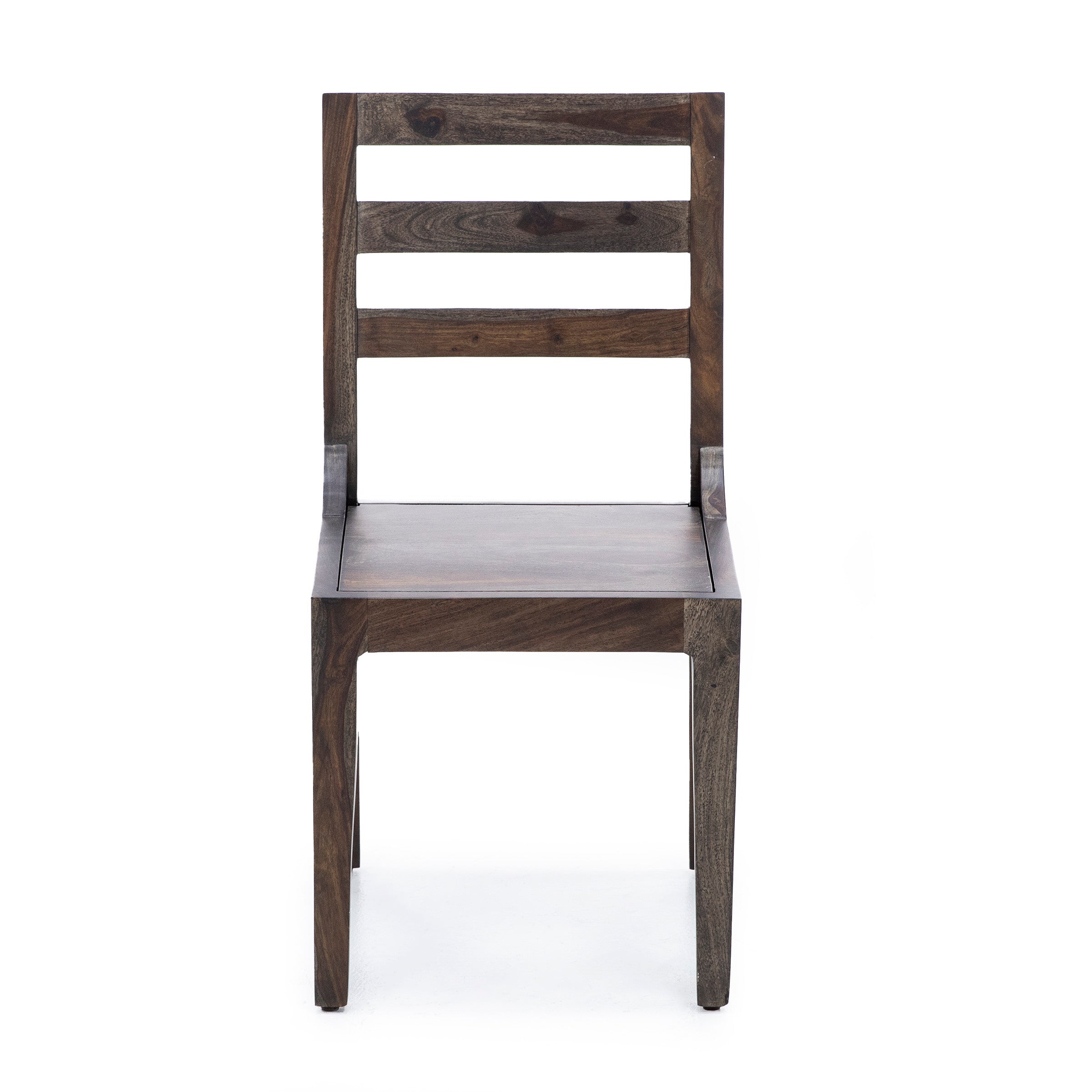 Modern wooden chair with slatted backrest, shown from the front.