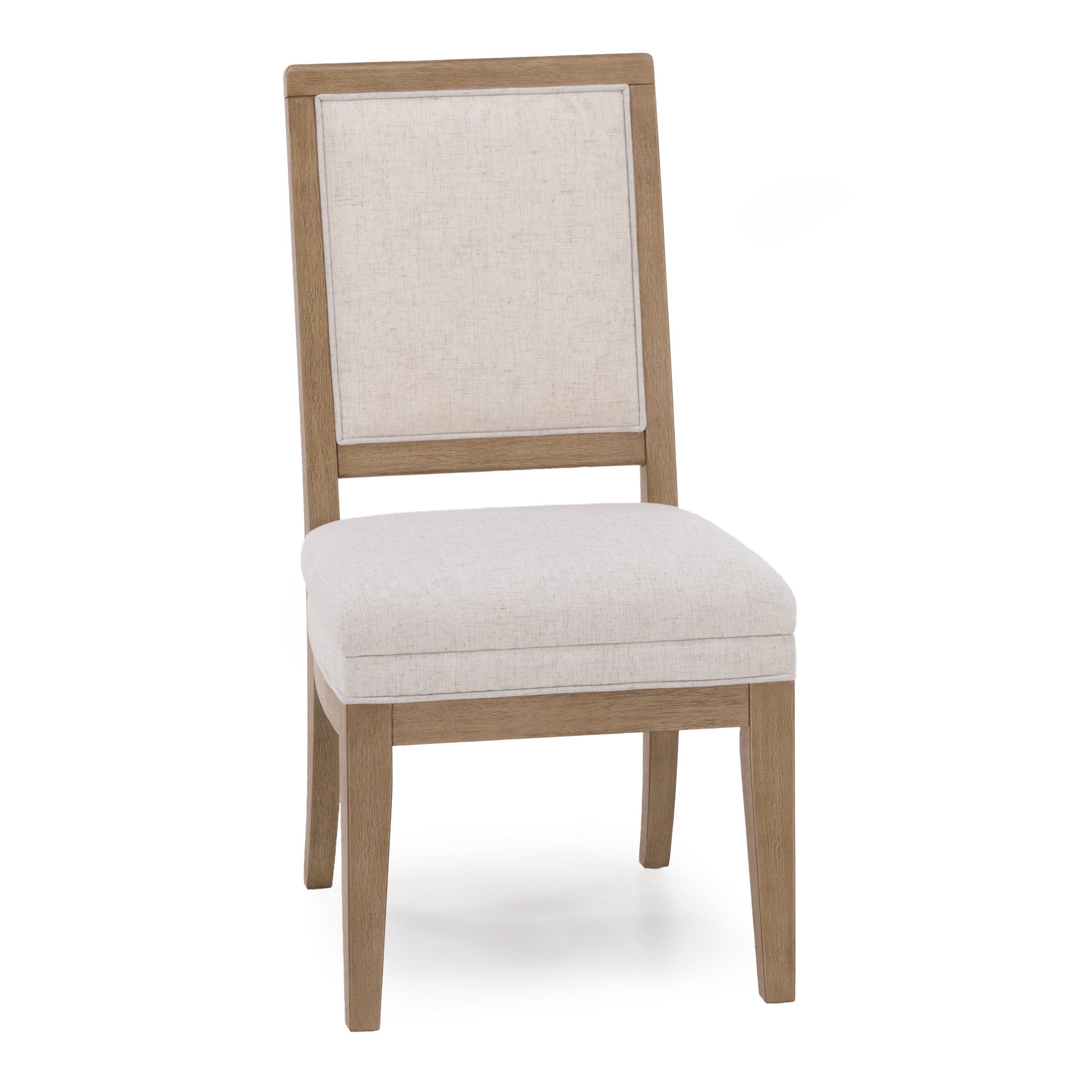 Upholstered dining chair with light wood frame and cream-colored fabric seat and back.