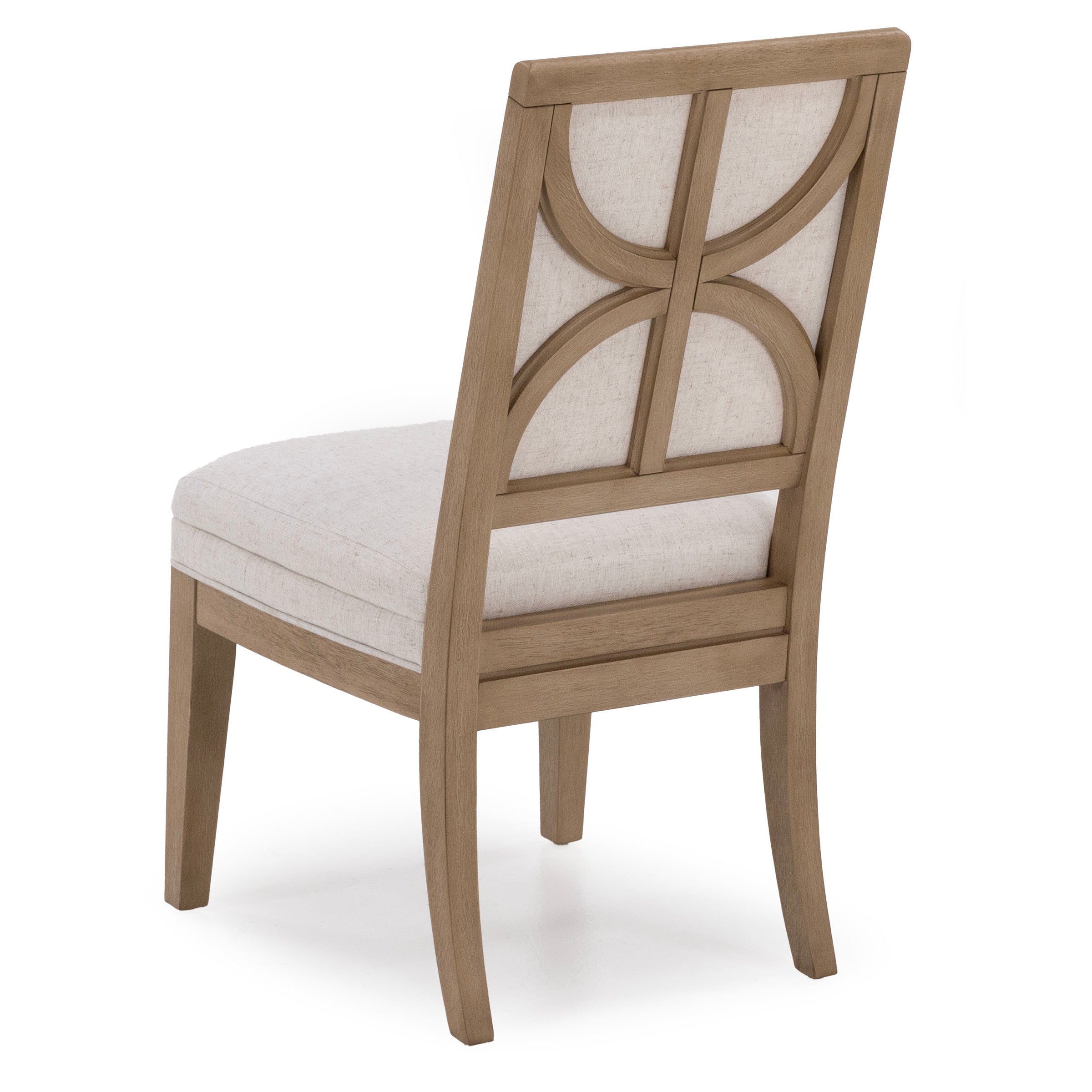 Wood dining chair with light fabric upholstered seat and decorative open back design.