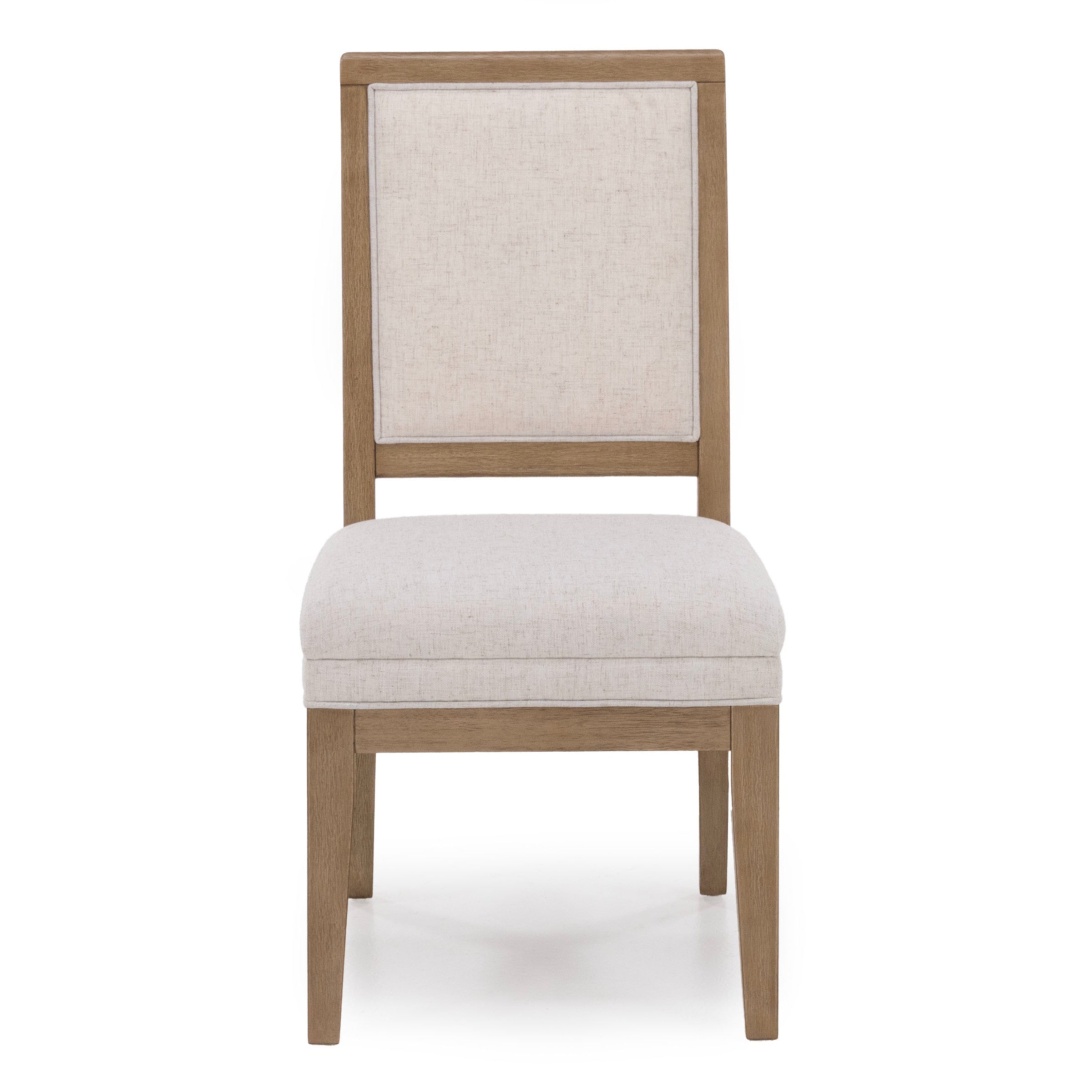 Front view of a wooden dining chair with light beige upholstered seat and back.