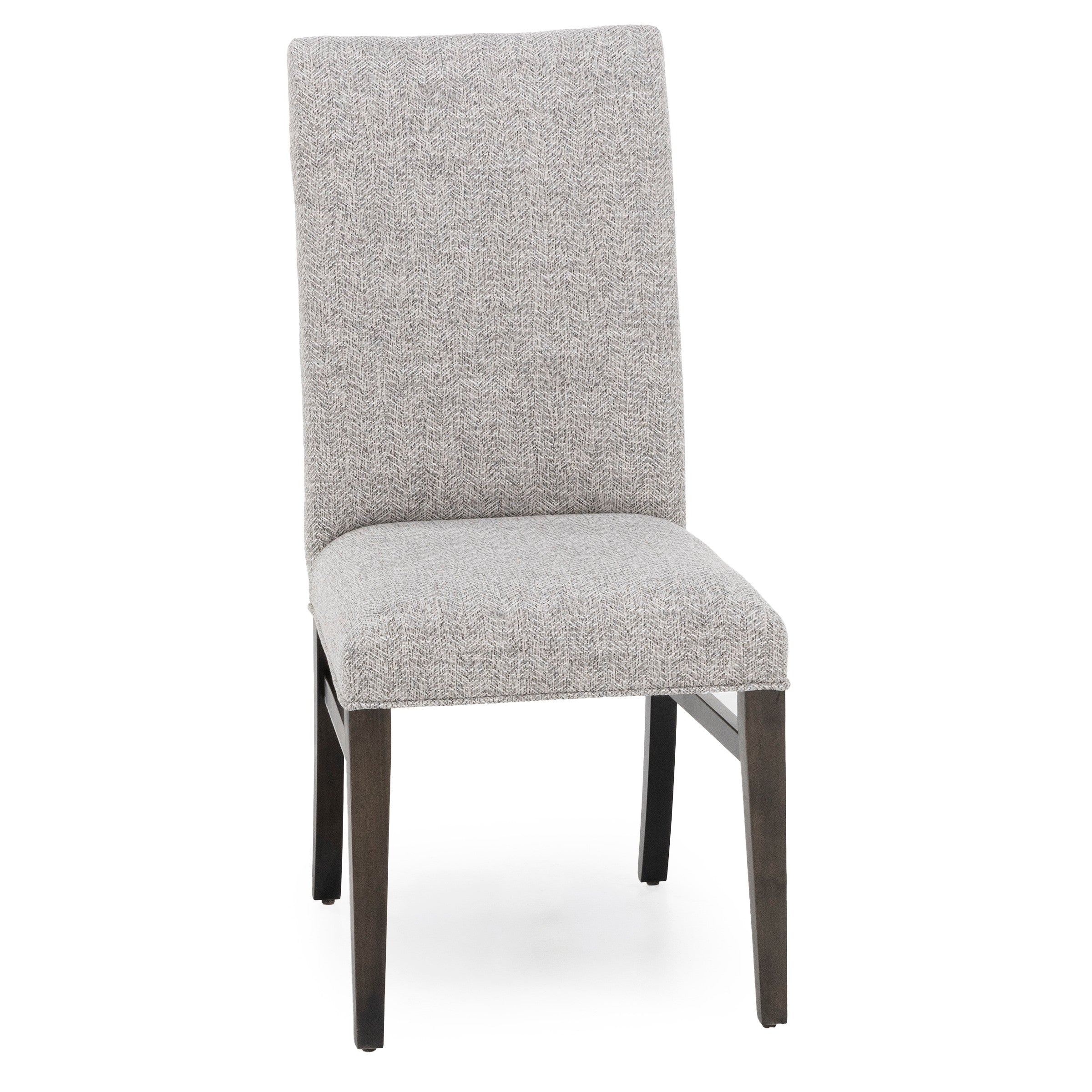 Upholstered dining chair with wooden legs and light grey fabric.