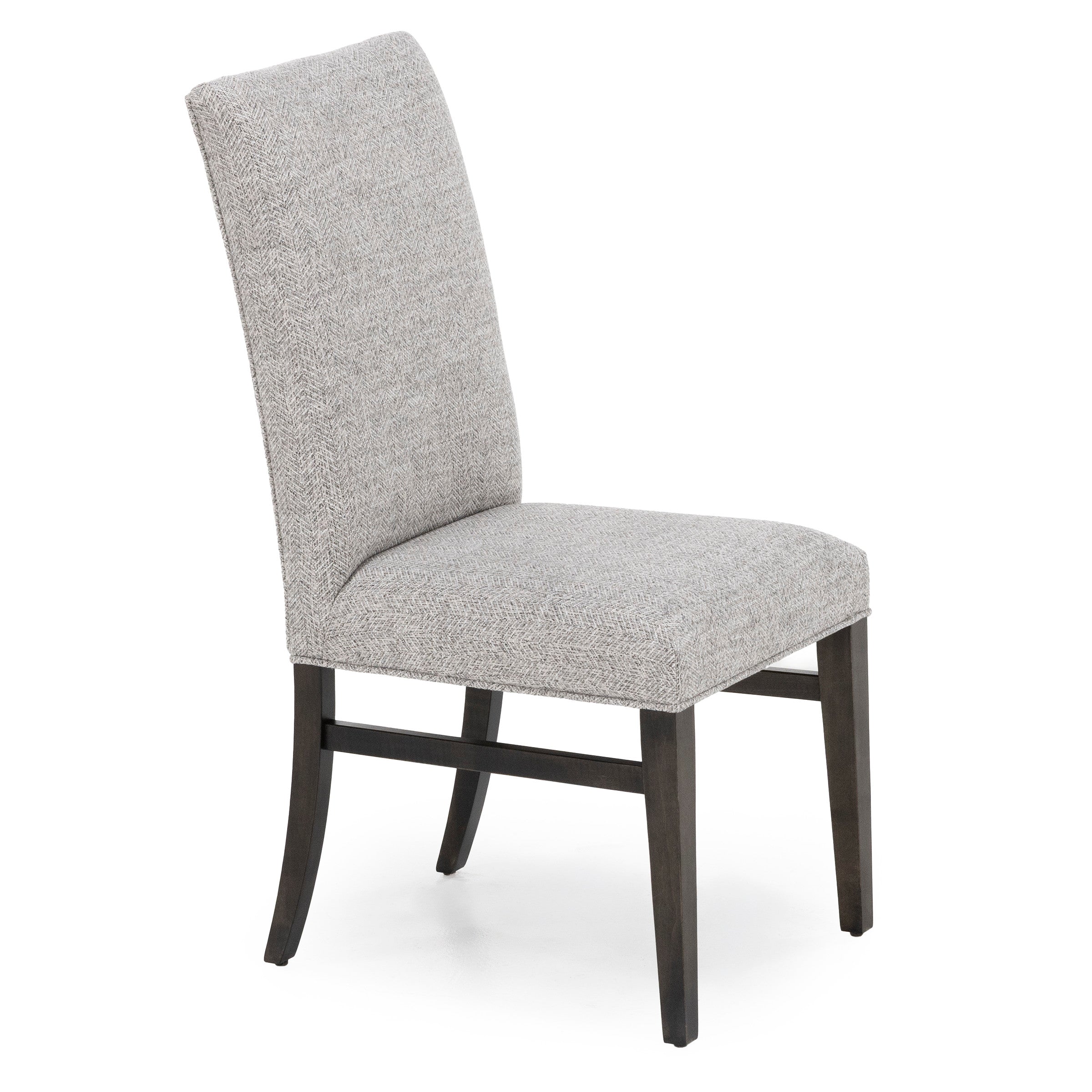 Upholstered dining chair with light gray fabric and dark wooden legs.