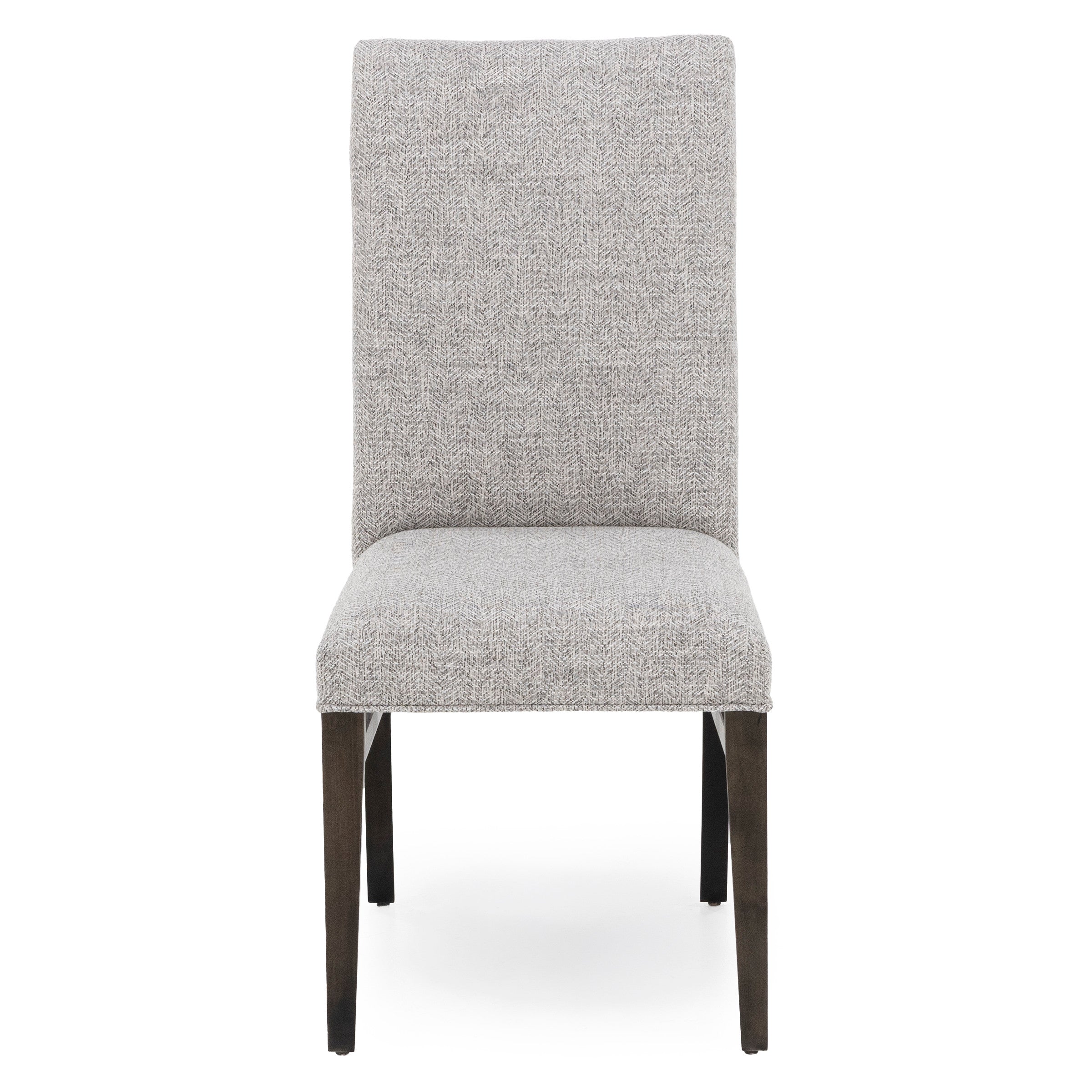 Upholstered dining chair with a high back and dark wooden legs, shown from the front.