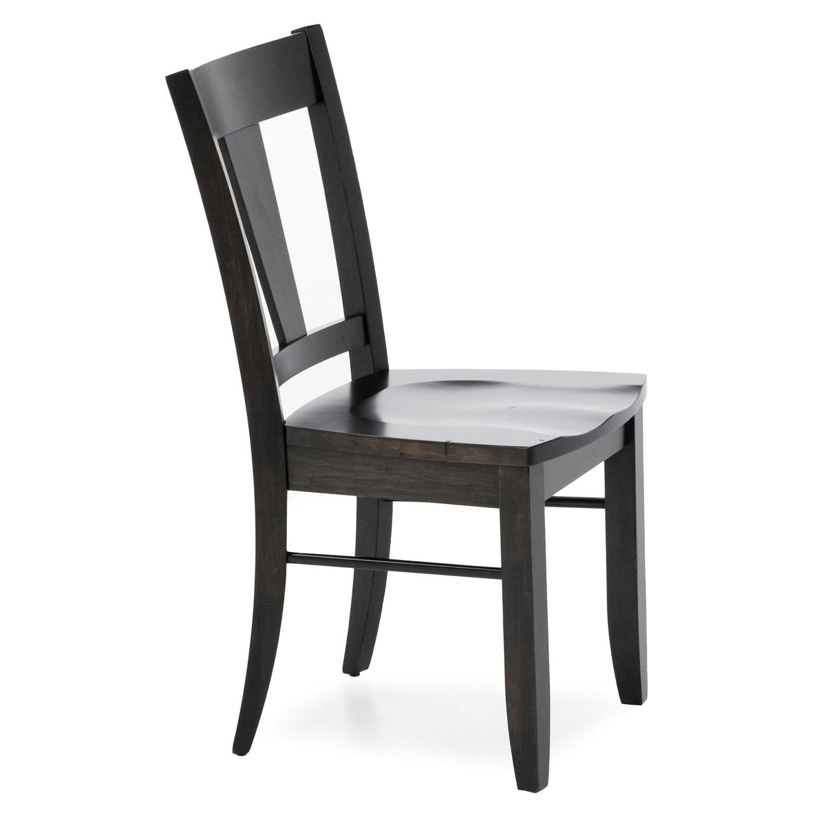 Dark wooden chair with a curved backrest and contoured seat.