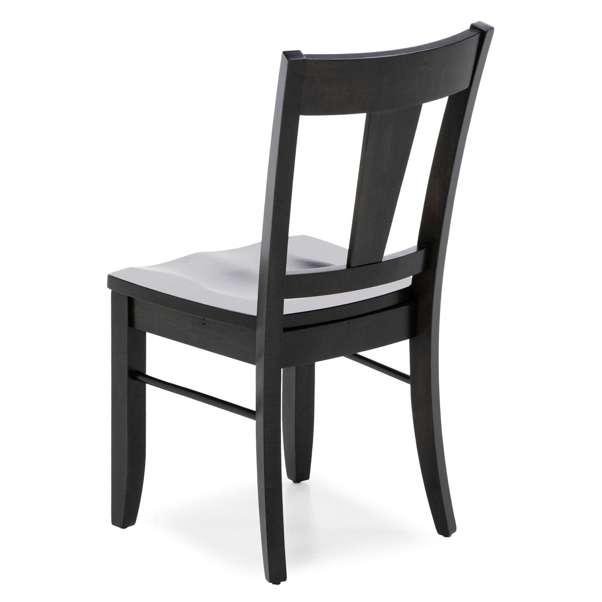 Back view of a black wooden dining chair with curved slat back and contoured seat.