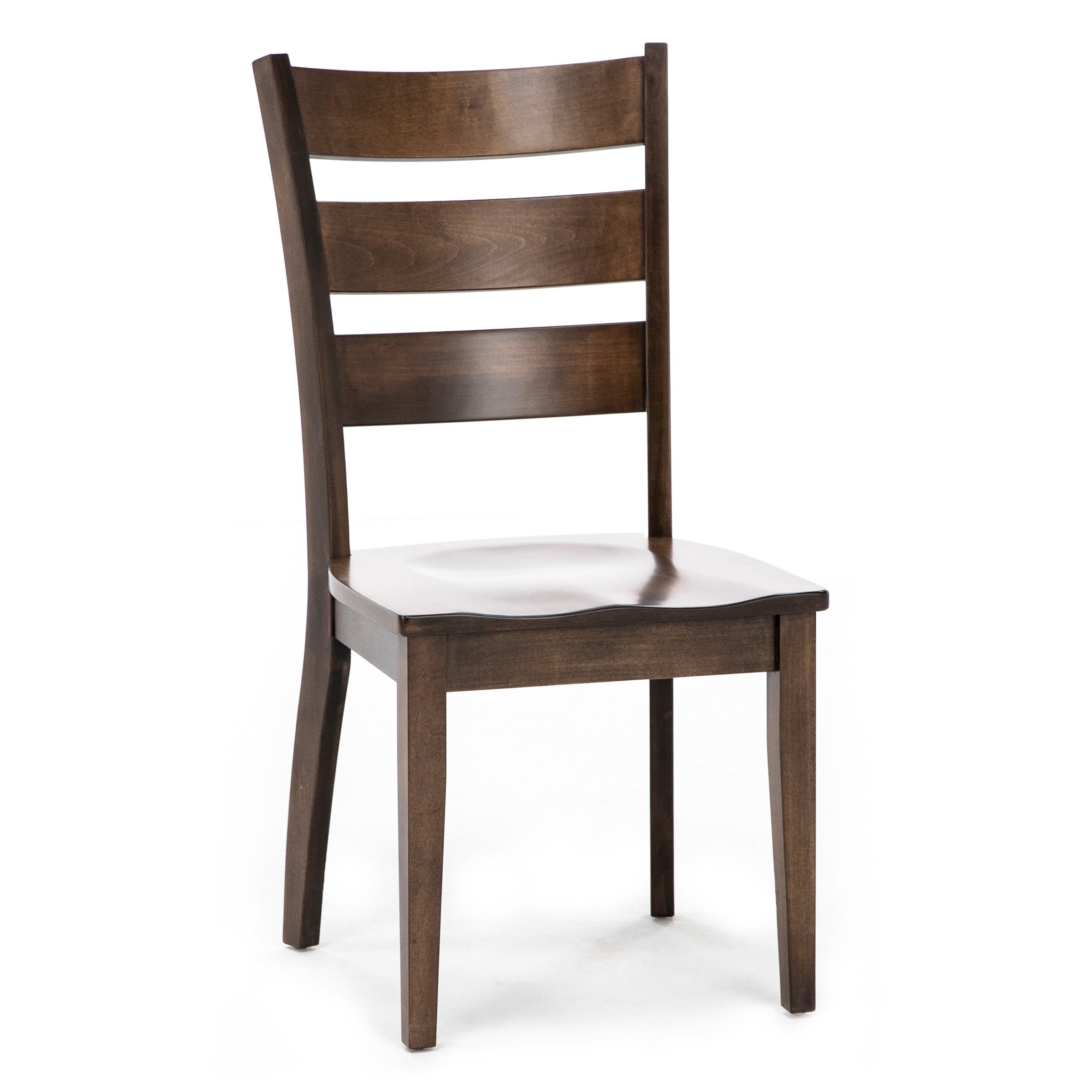 Dark wood dining chair with ladder back and contoured seat.