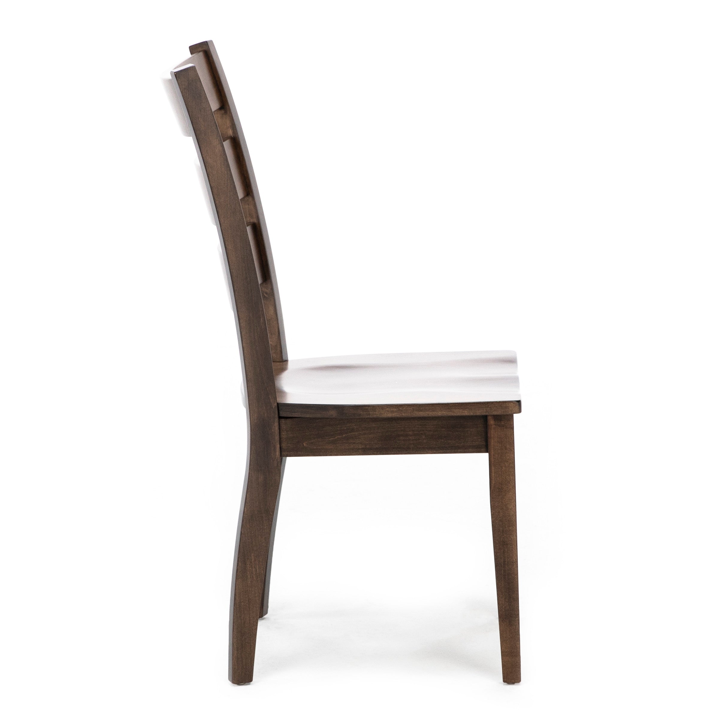 Side view of a wooden dining chair with a slatted backrest.