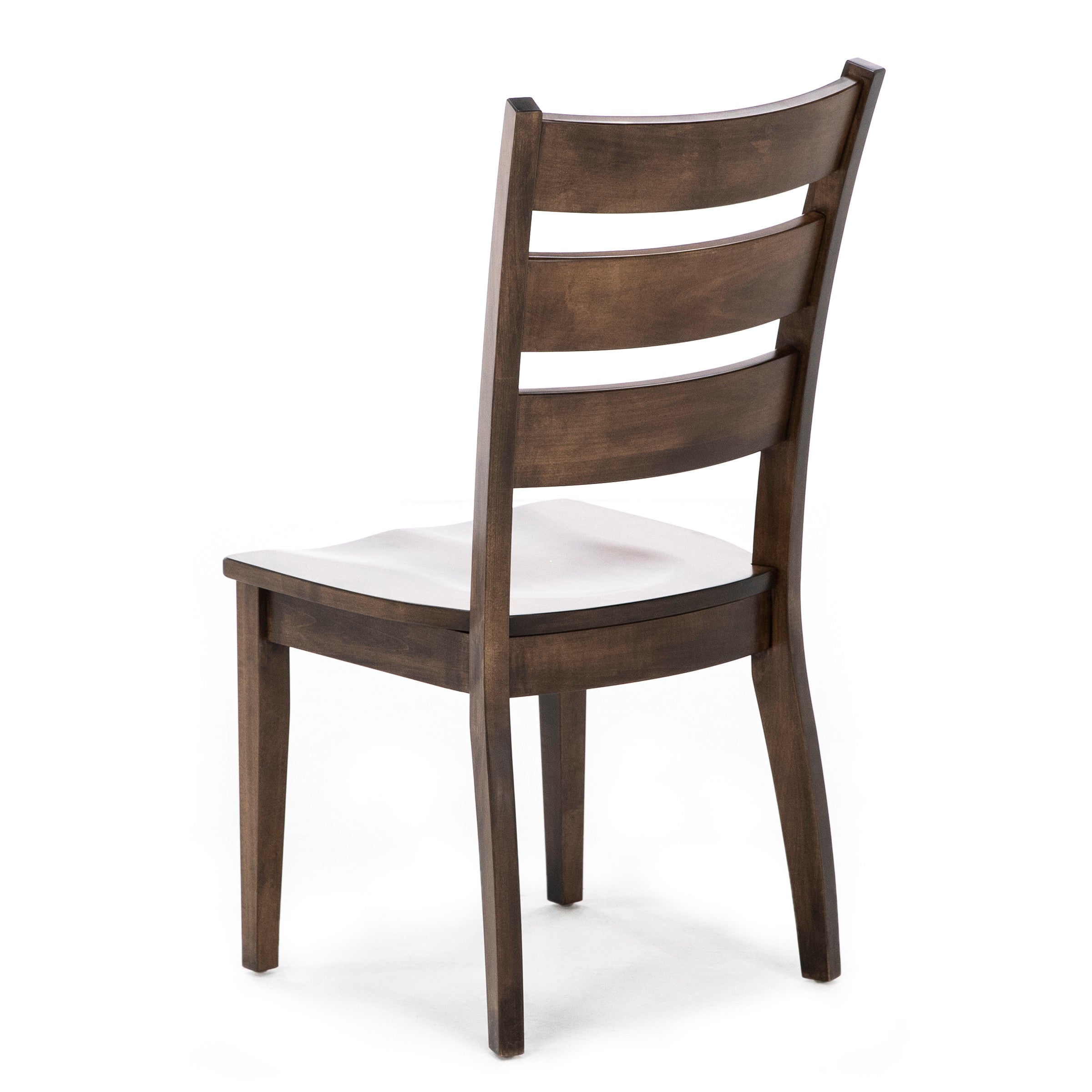 Wooden chair with a curved back and horizontal slats, shown from behind.