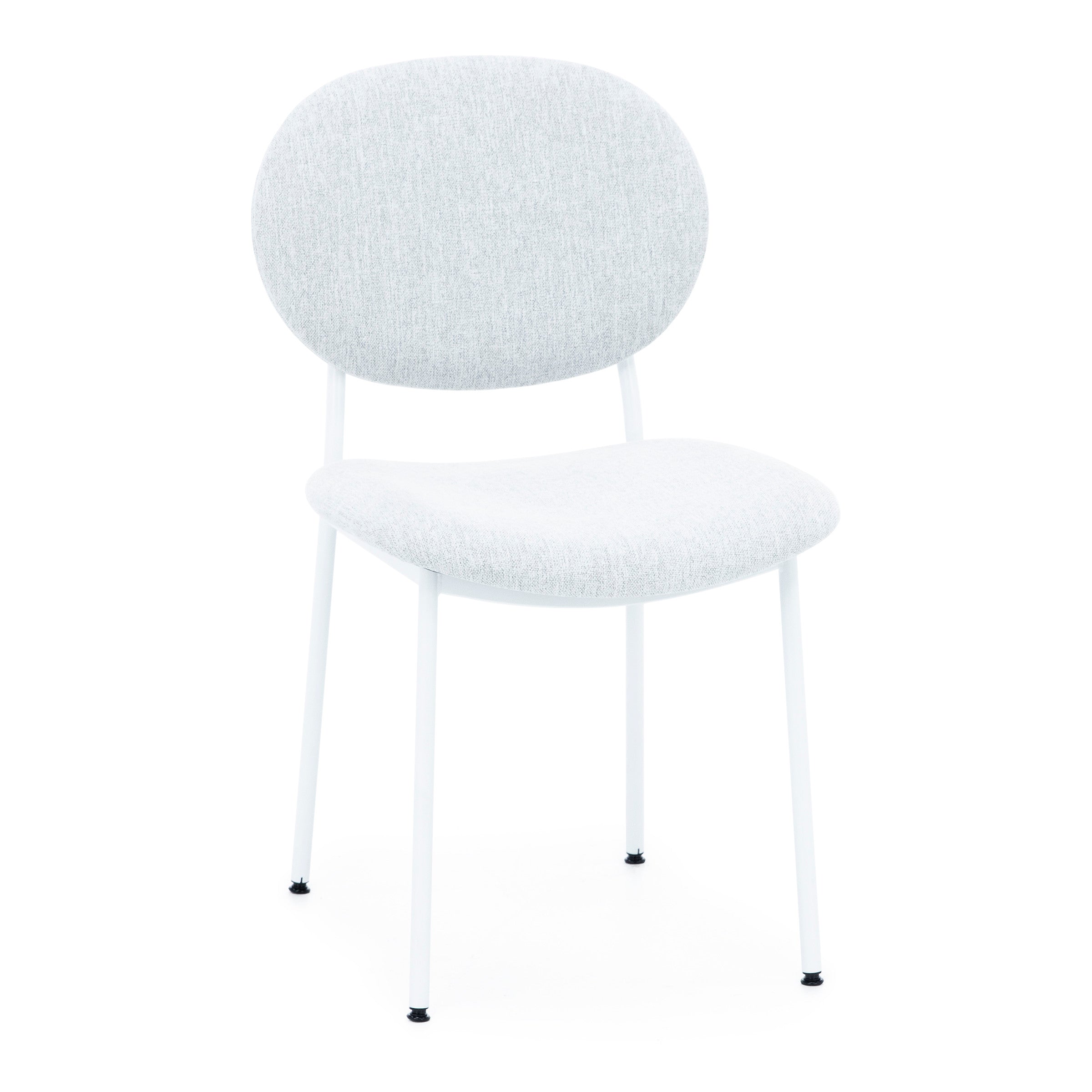 Light grey upholstered chair with white metal legs.