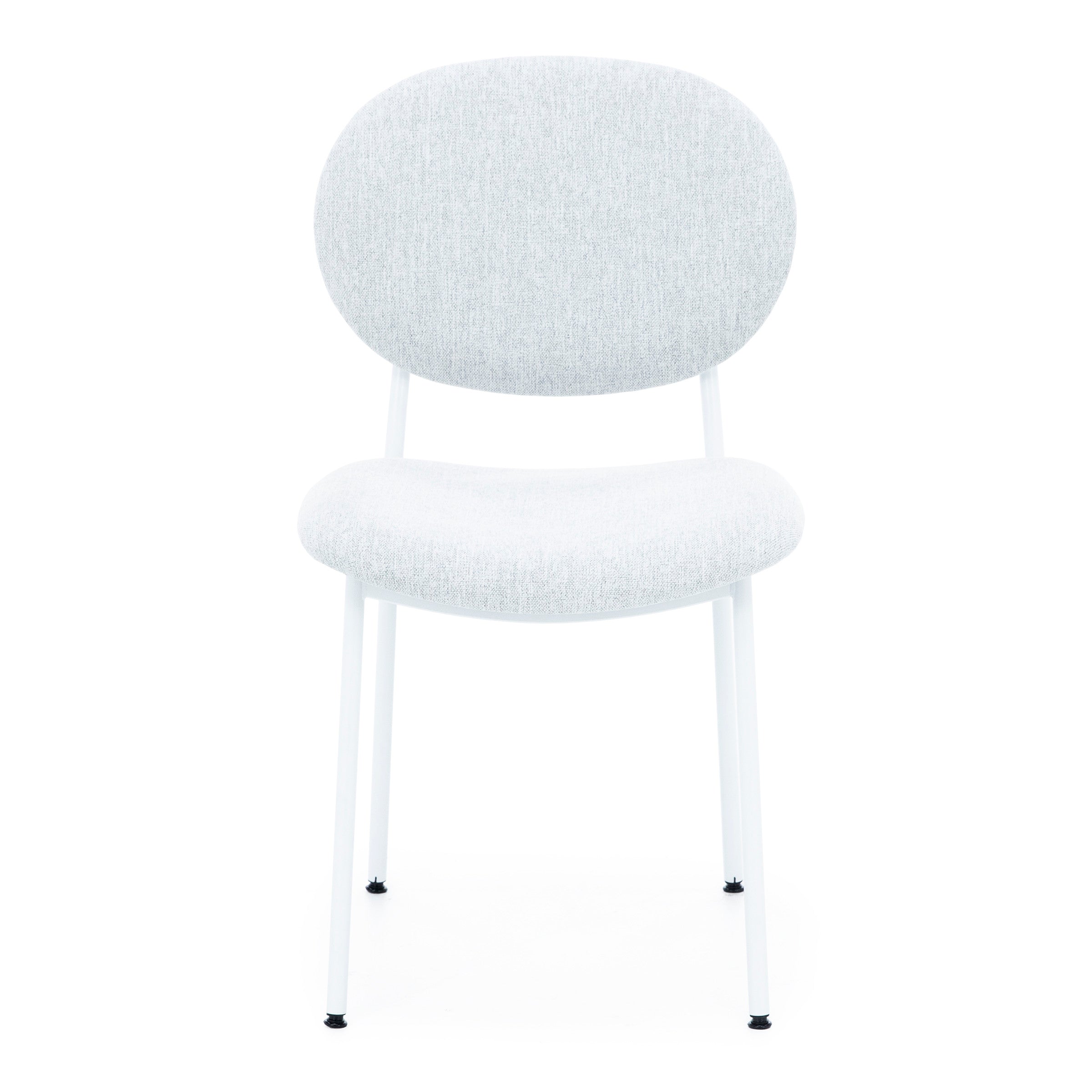 Modern white upholstered chair with rounded backrest and slim metal legs.