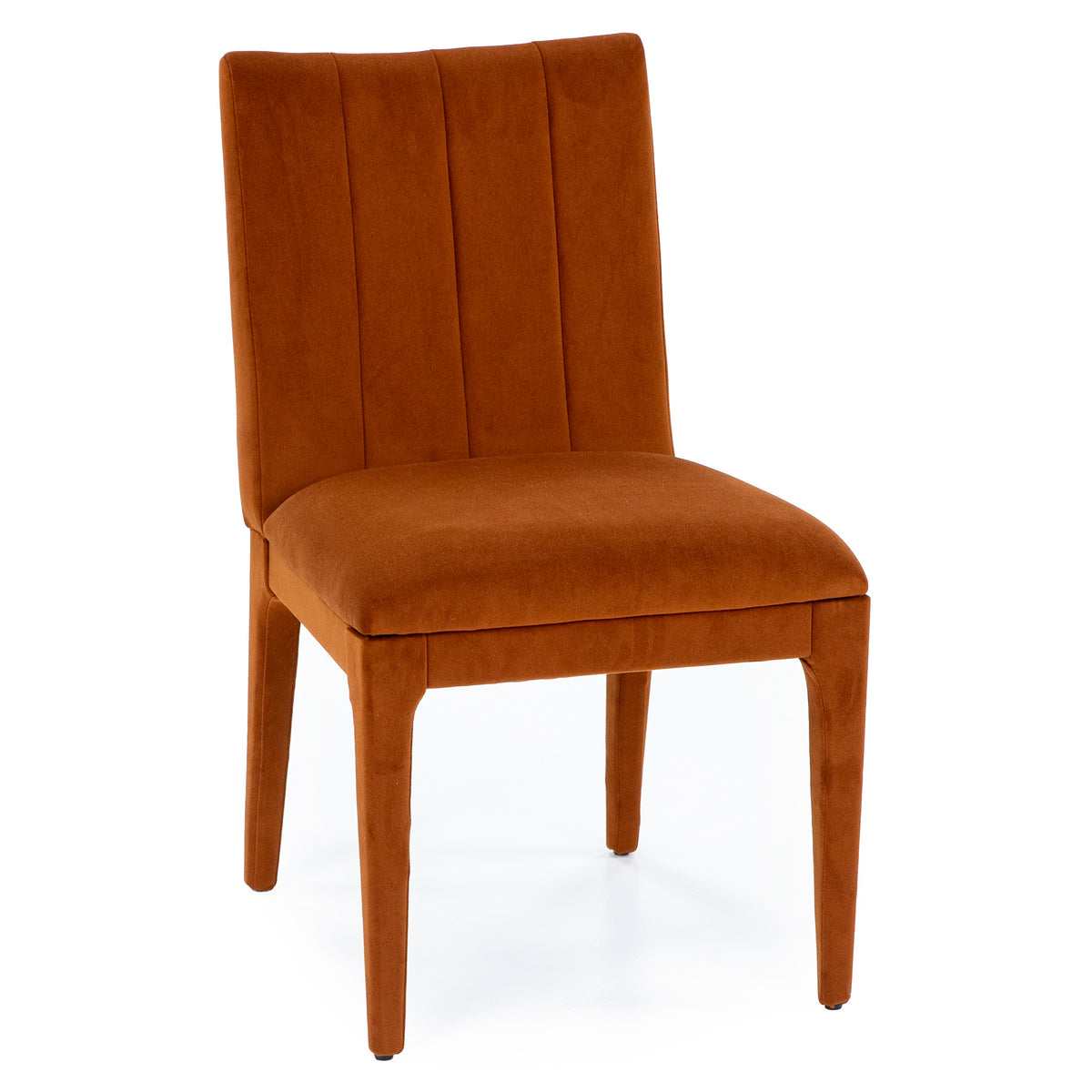 Upholstered armless dining chair with burnt orange fabric and vertical channel stitching.