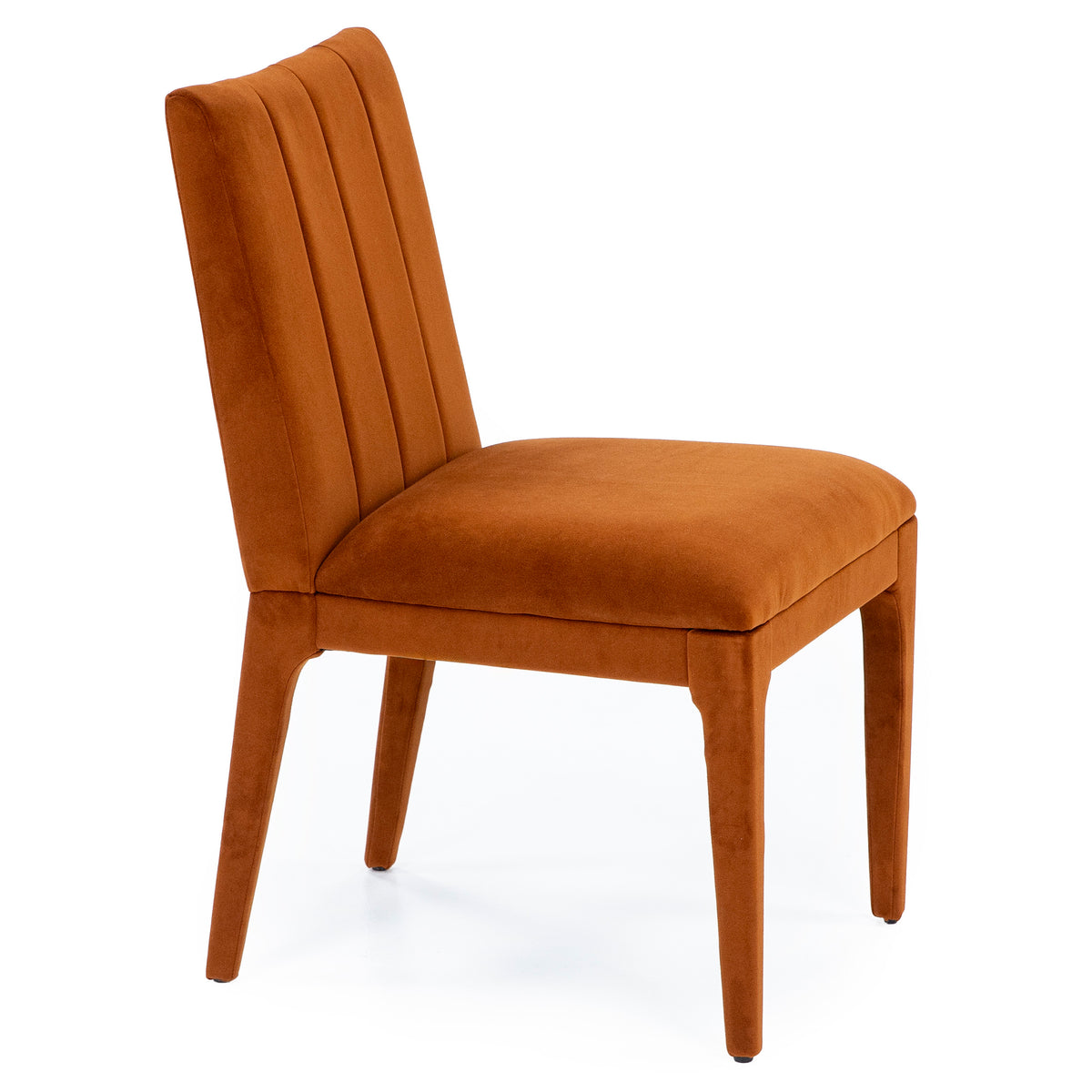 Upholstered dining chair in rust orange fabric with channel-tufted backrest.