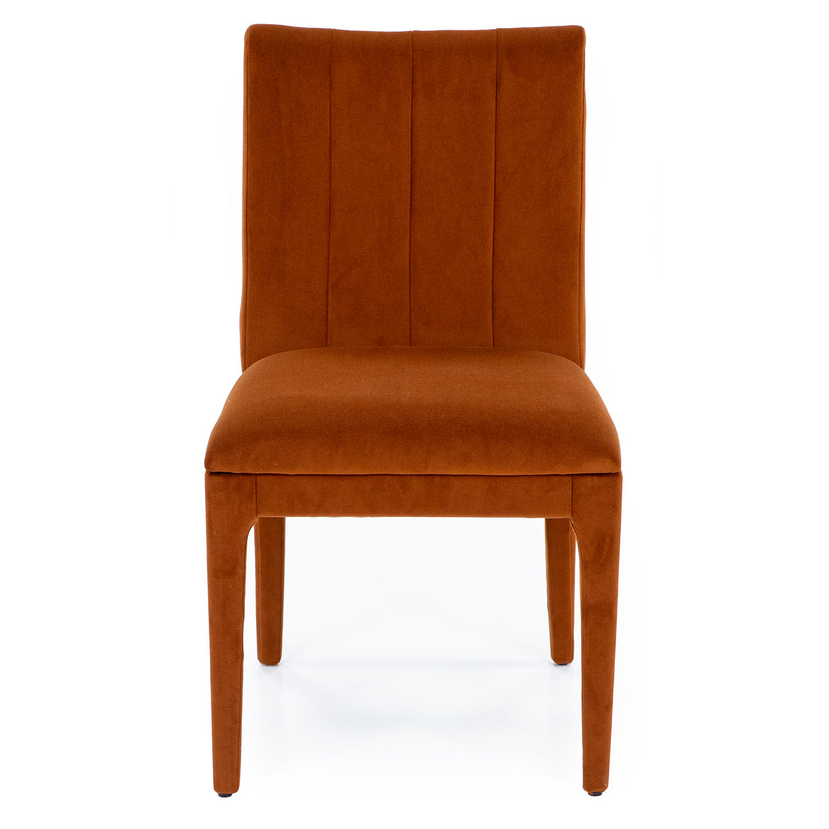 Rust velvet upholstered armless dining chair, front view.