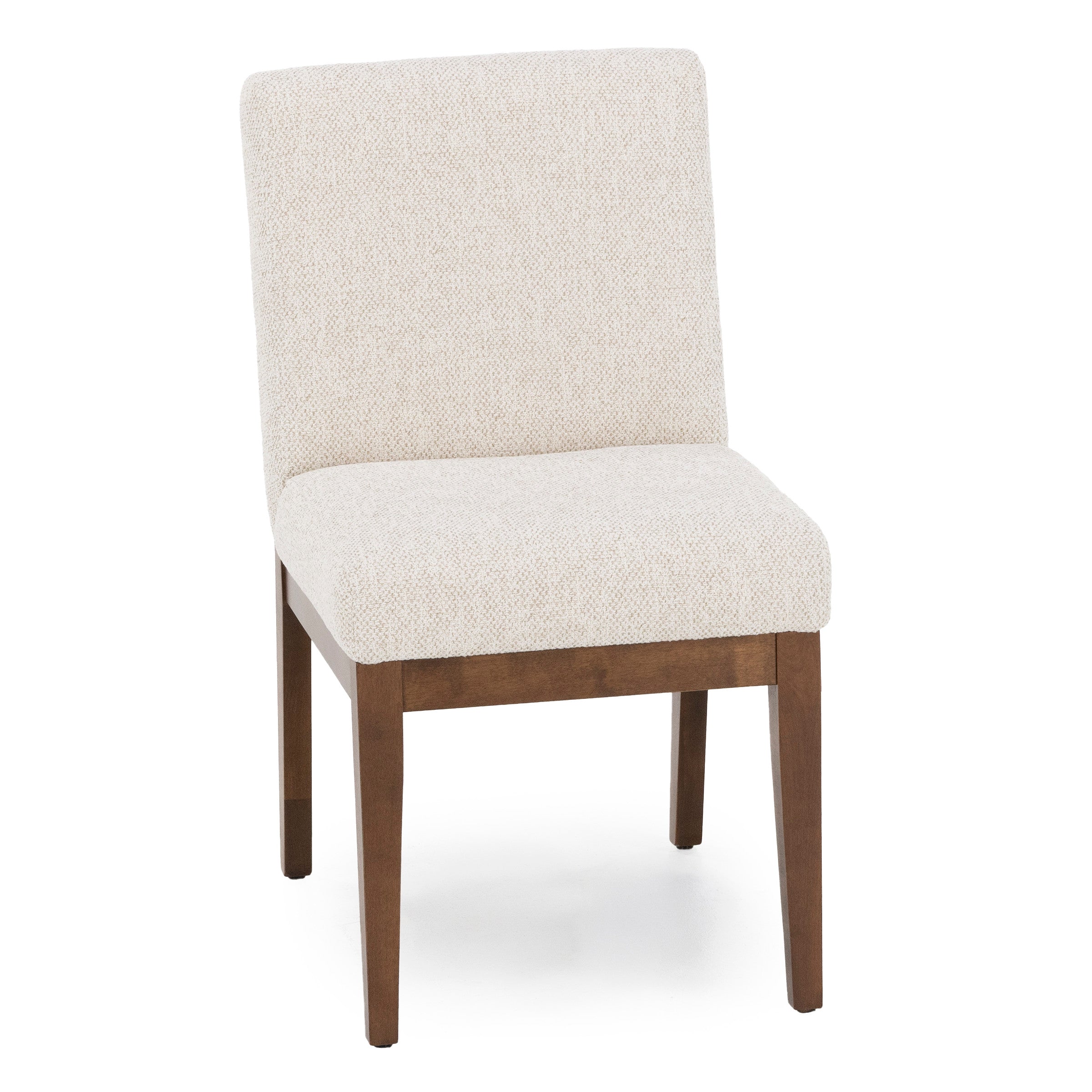 Armless accent chair with light beige upholstery and wooden legs
