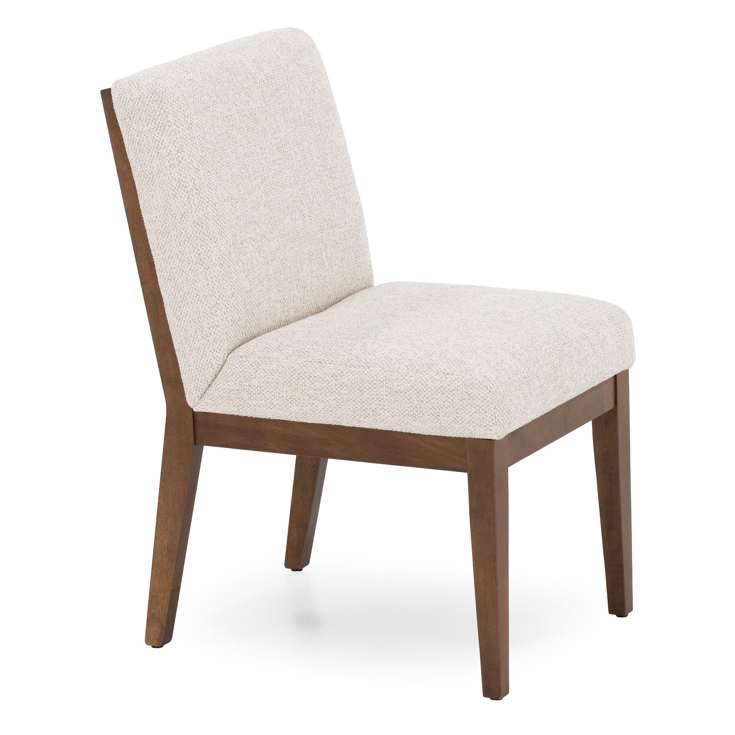 Armless accent chair with light beige upholstered seat and back, and wooden legs.