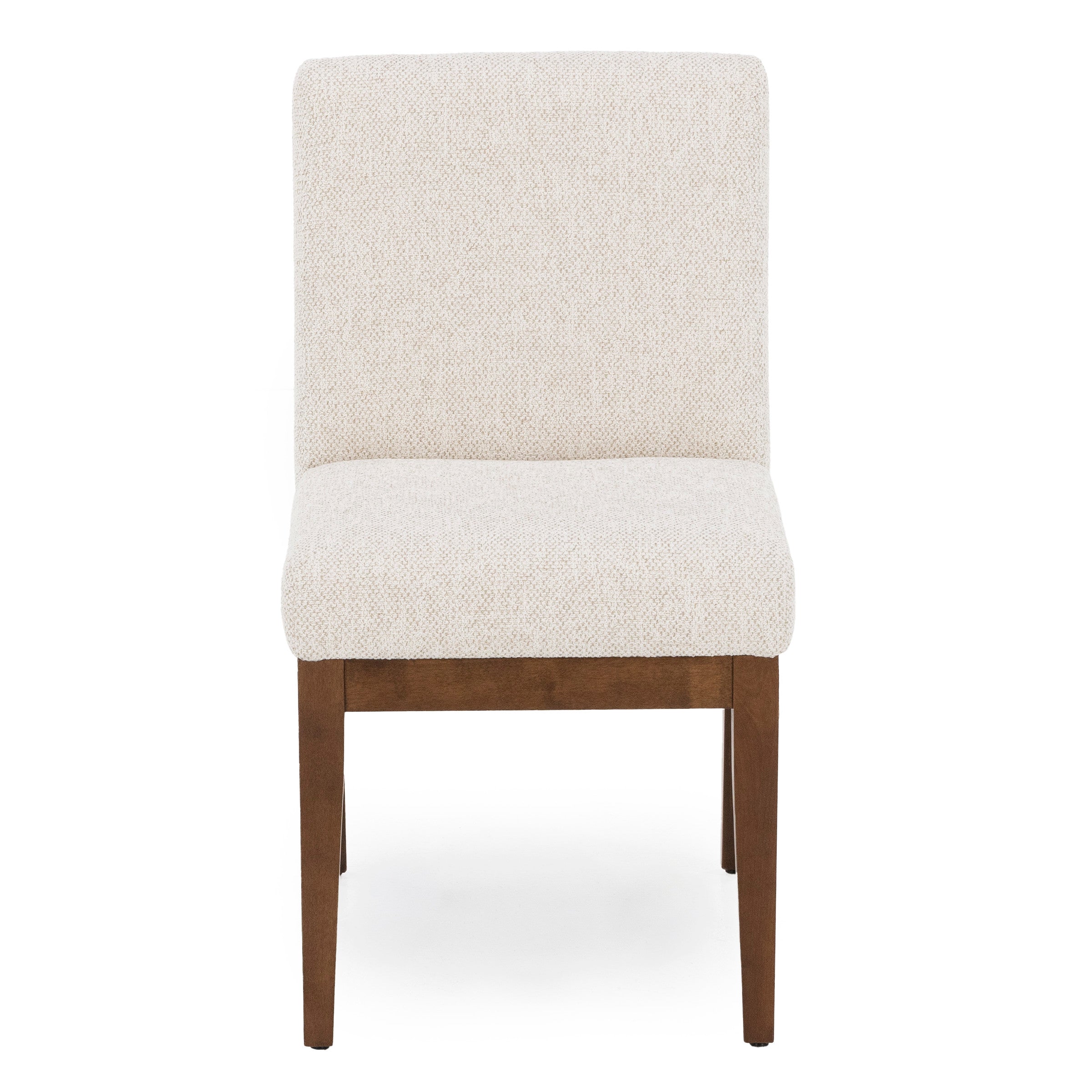 Armless accent chair with light textured fabric and wooden legs, shown from the front.