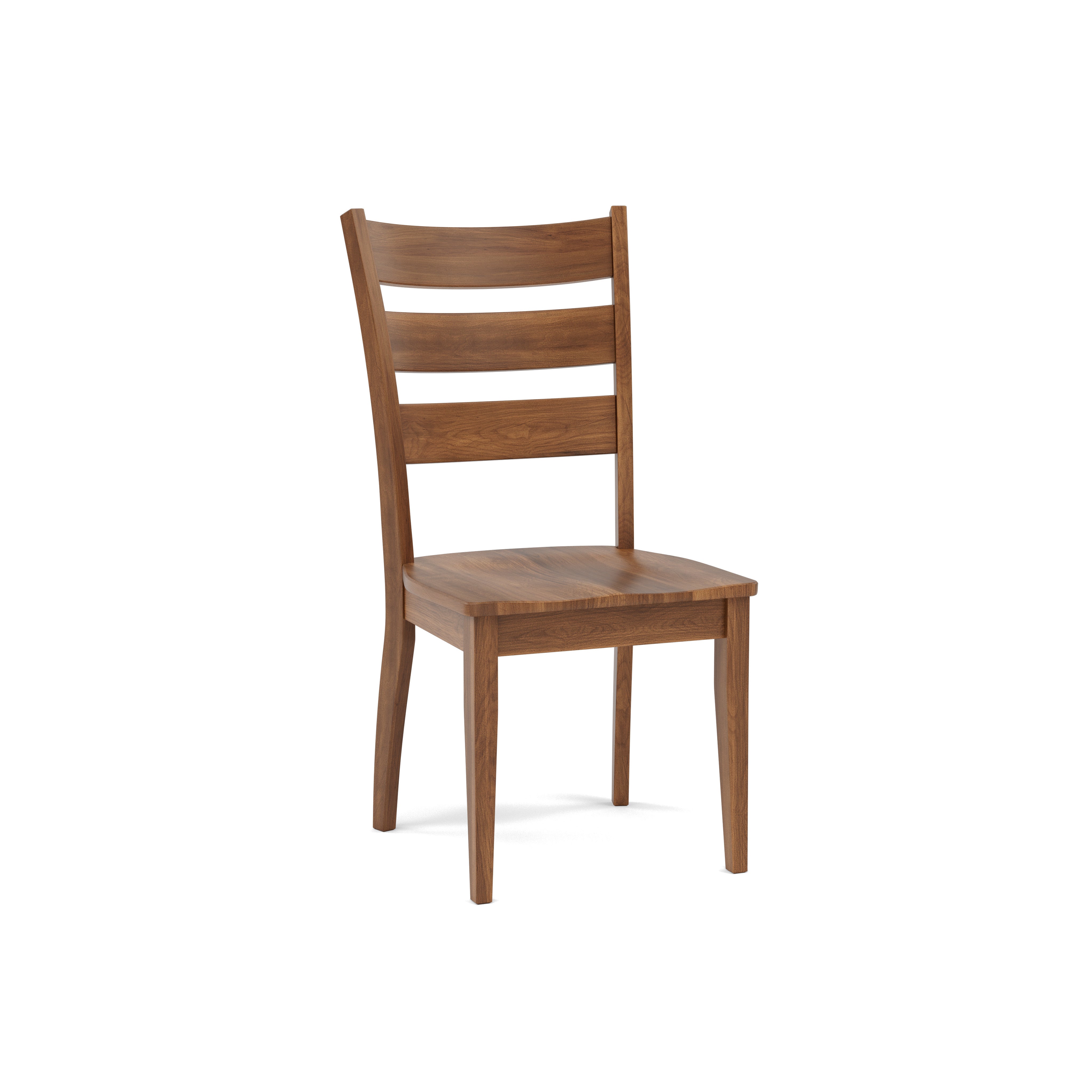 Wooden dining chair with a slatted backrest and simple, classic design.