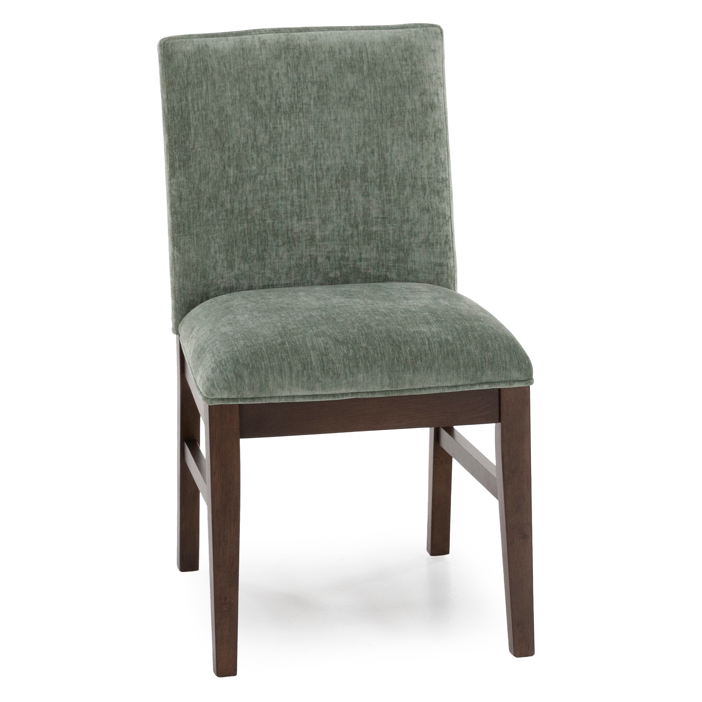 Upholstered dining chair with green fabric and dark wood legs.