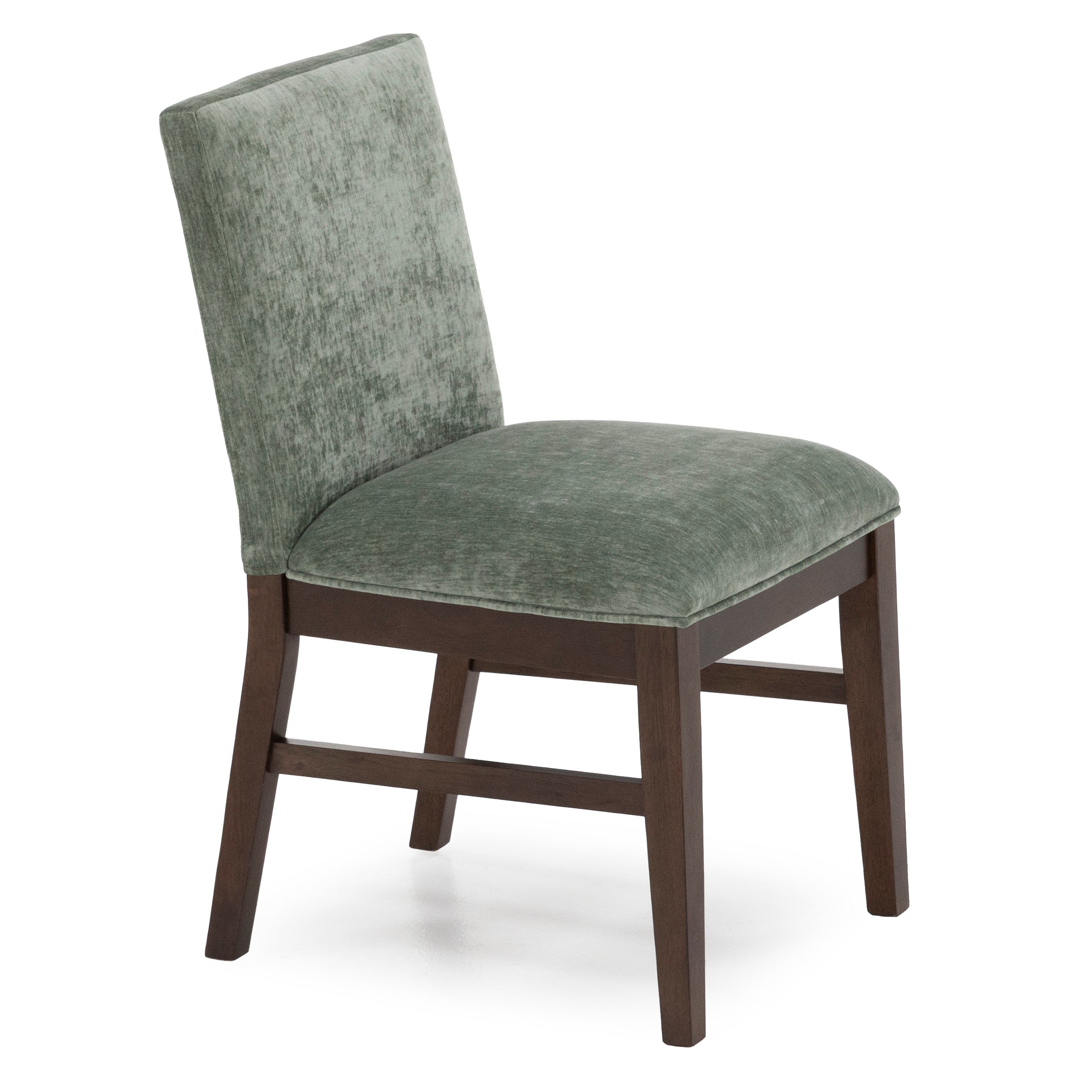 Green upholstered dining chair with dark wood legs.