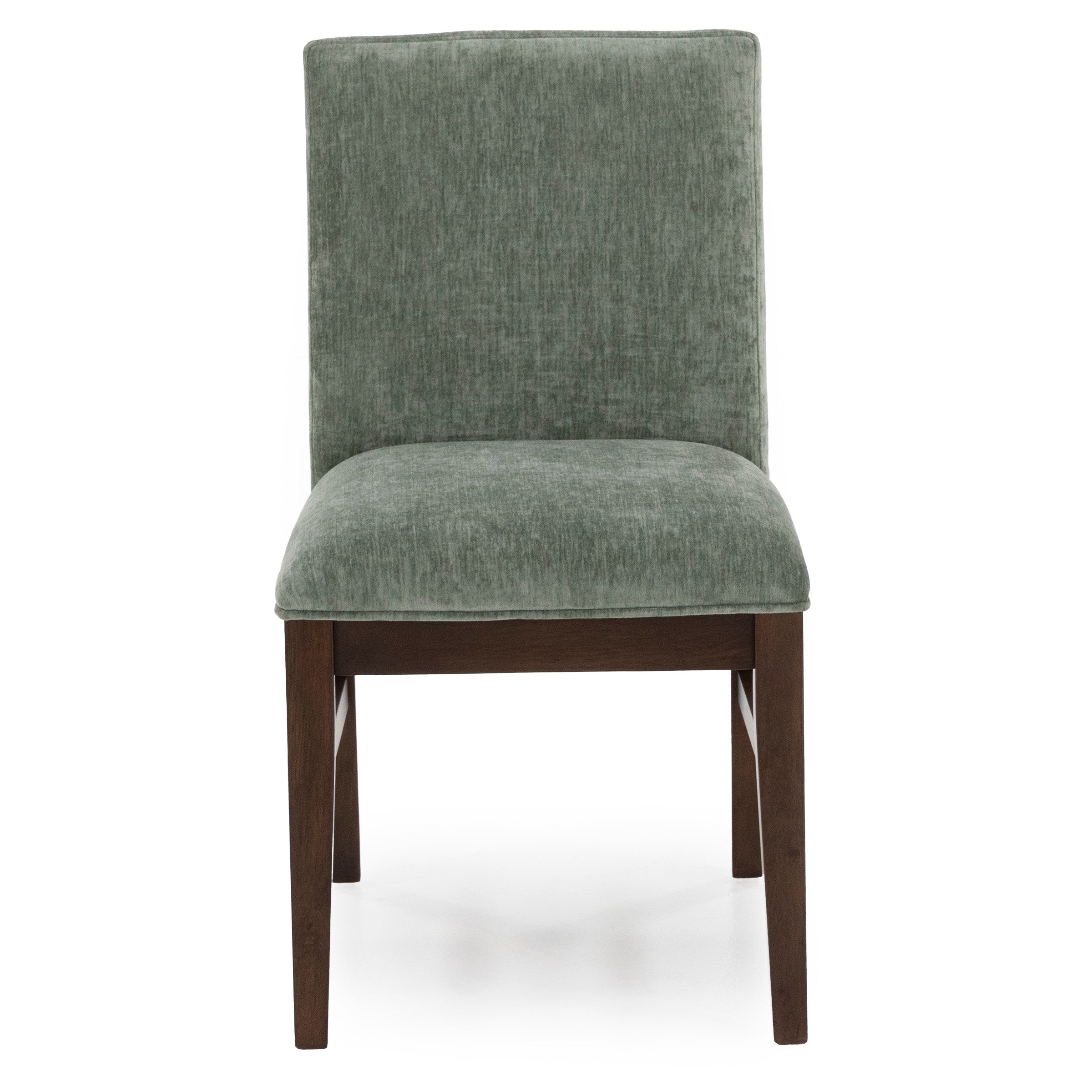 Green upholstered dining chair with wooden legs, front view.