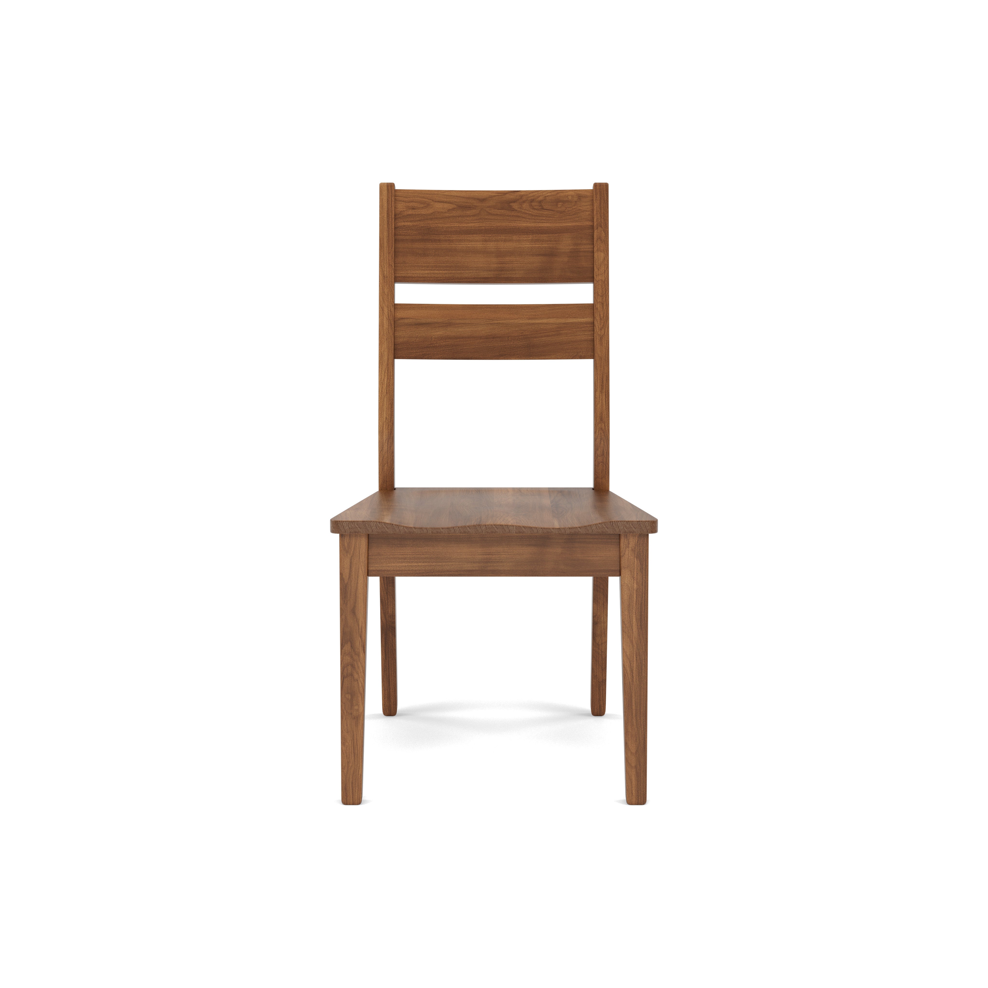 Front view of a wooden dining chair with a slatted backrest.