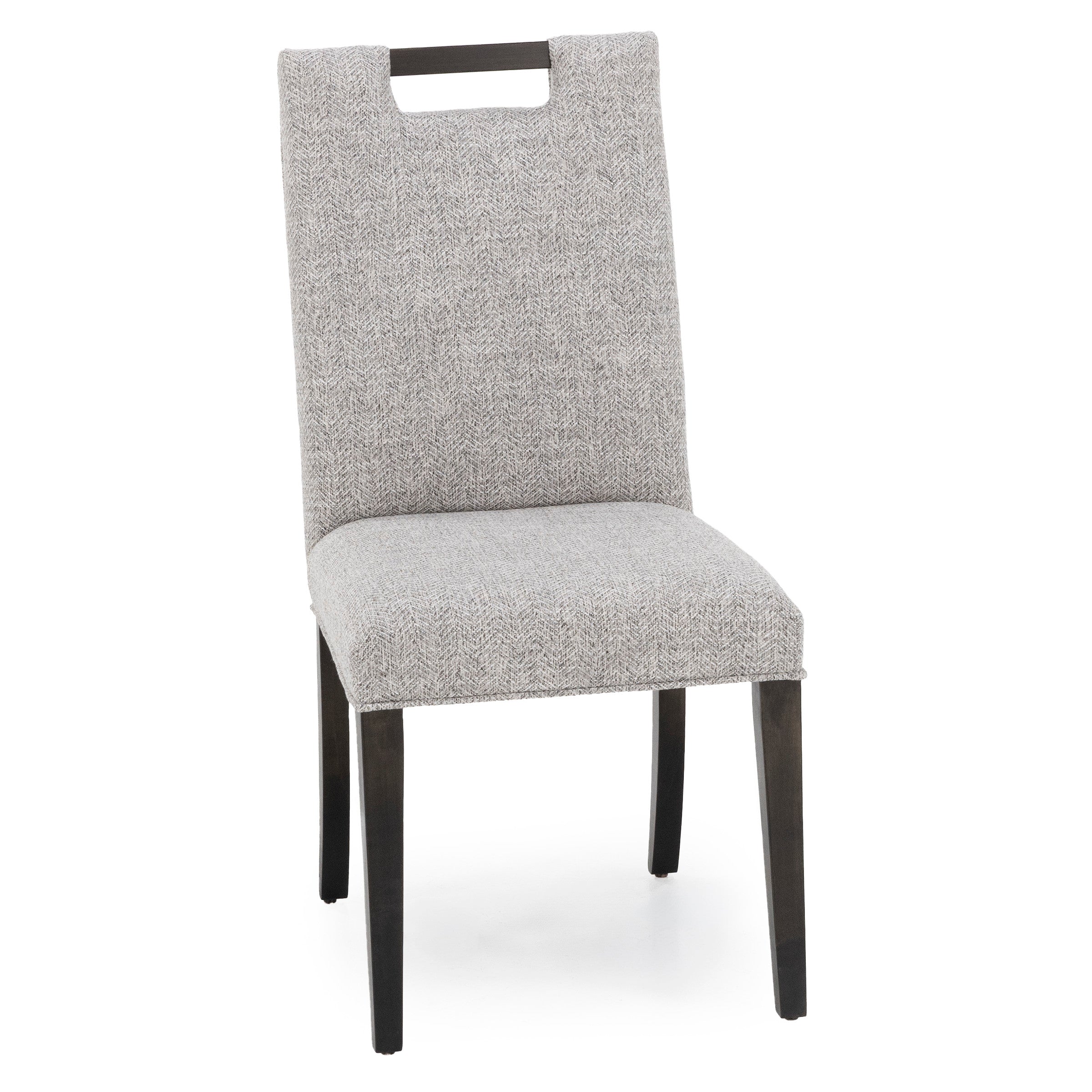 Upholstered dining chair with dark wood legs and a rectangular cutout in the backrest.