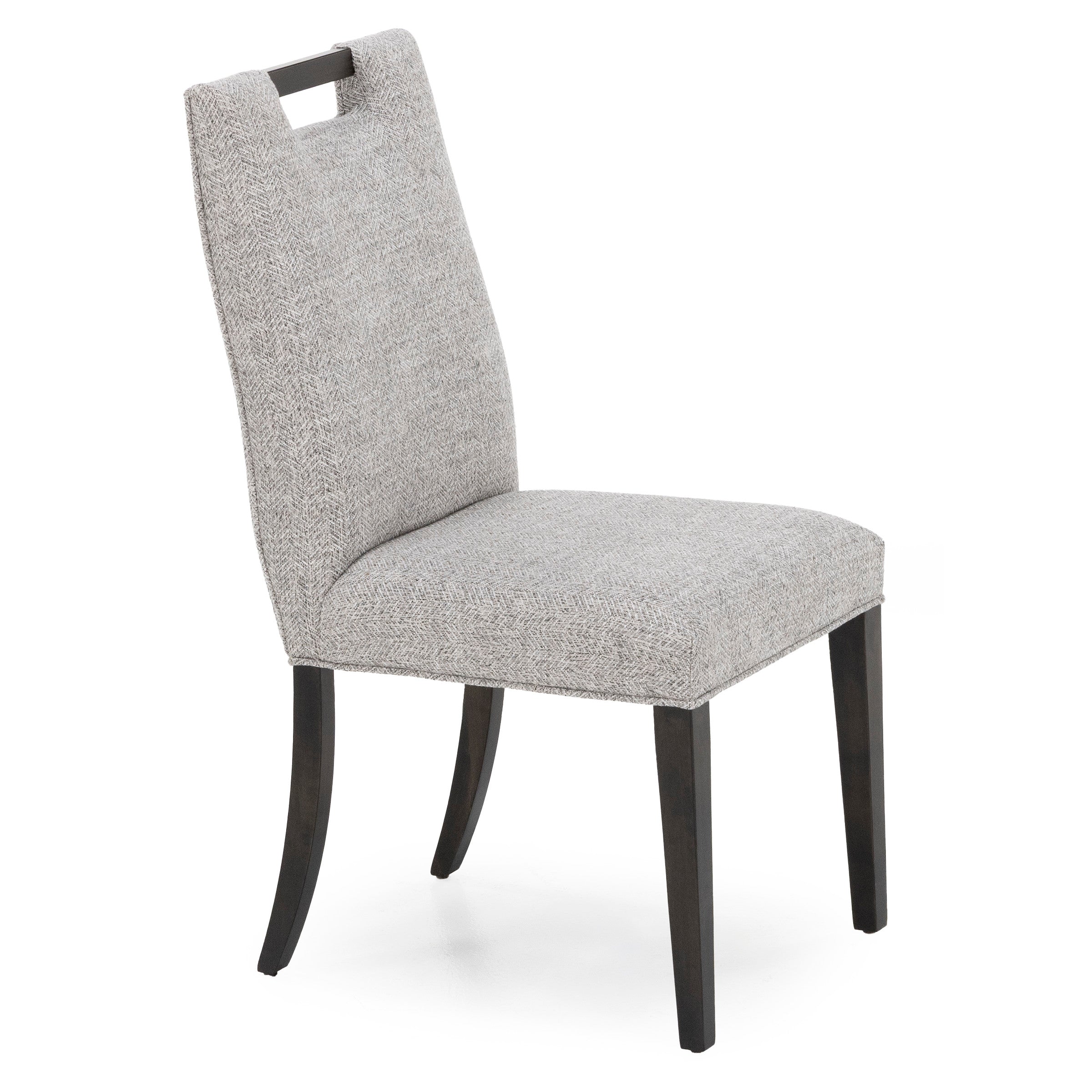 Gray upholstered dining chair with curved dark wood legs.