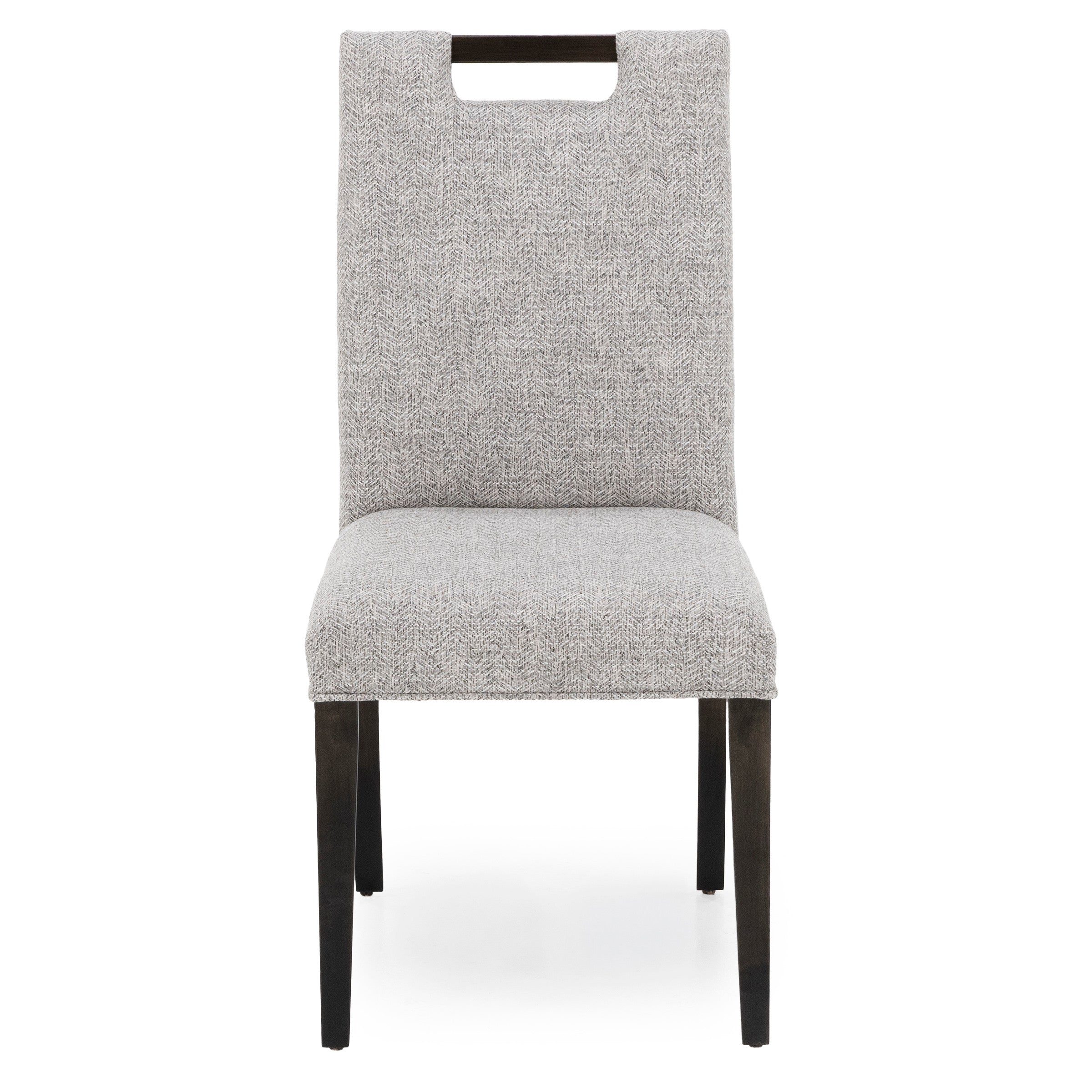 Front view of a modern upholstered dining chair with light gray fabric and dark wooden legs.