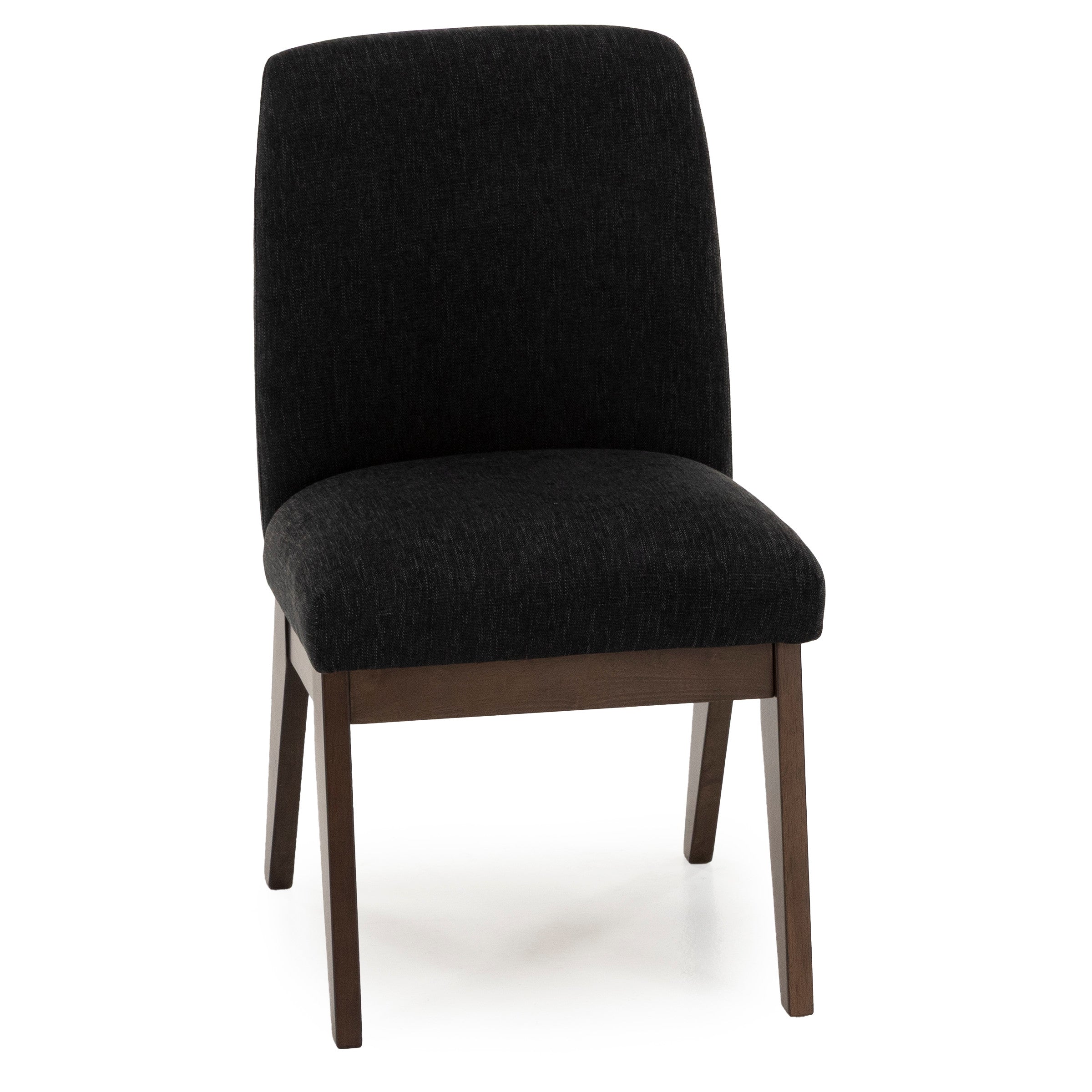 Armless dark upholstered dining chair with wood legs.