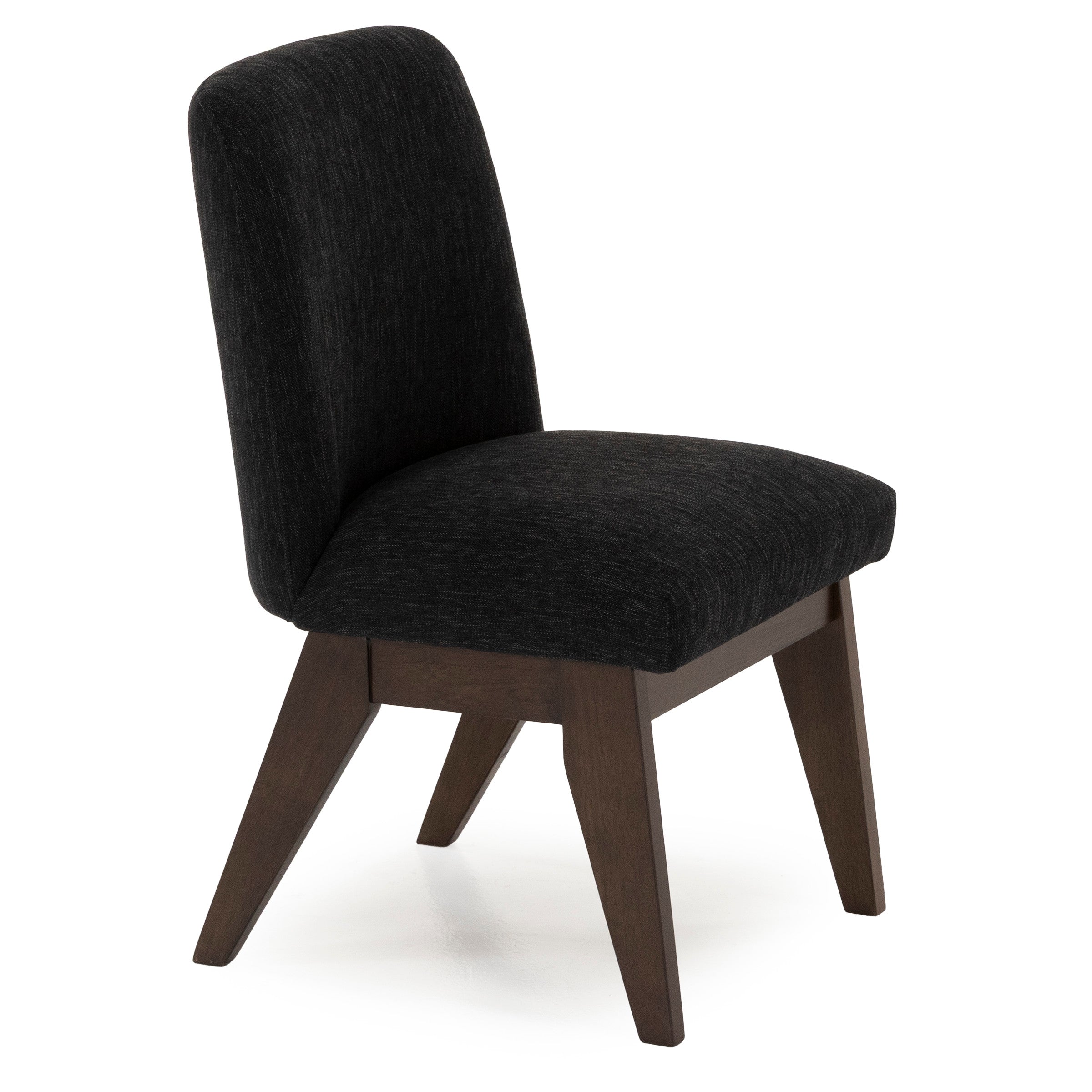 Modern dining chair with black upholstered seat and back, wooden angled legs.
