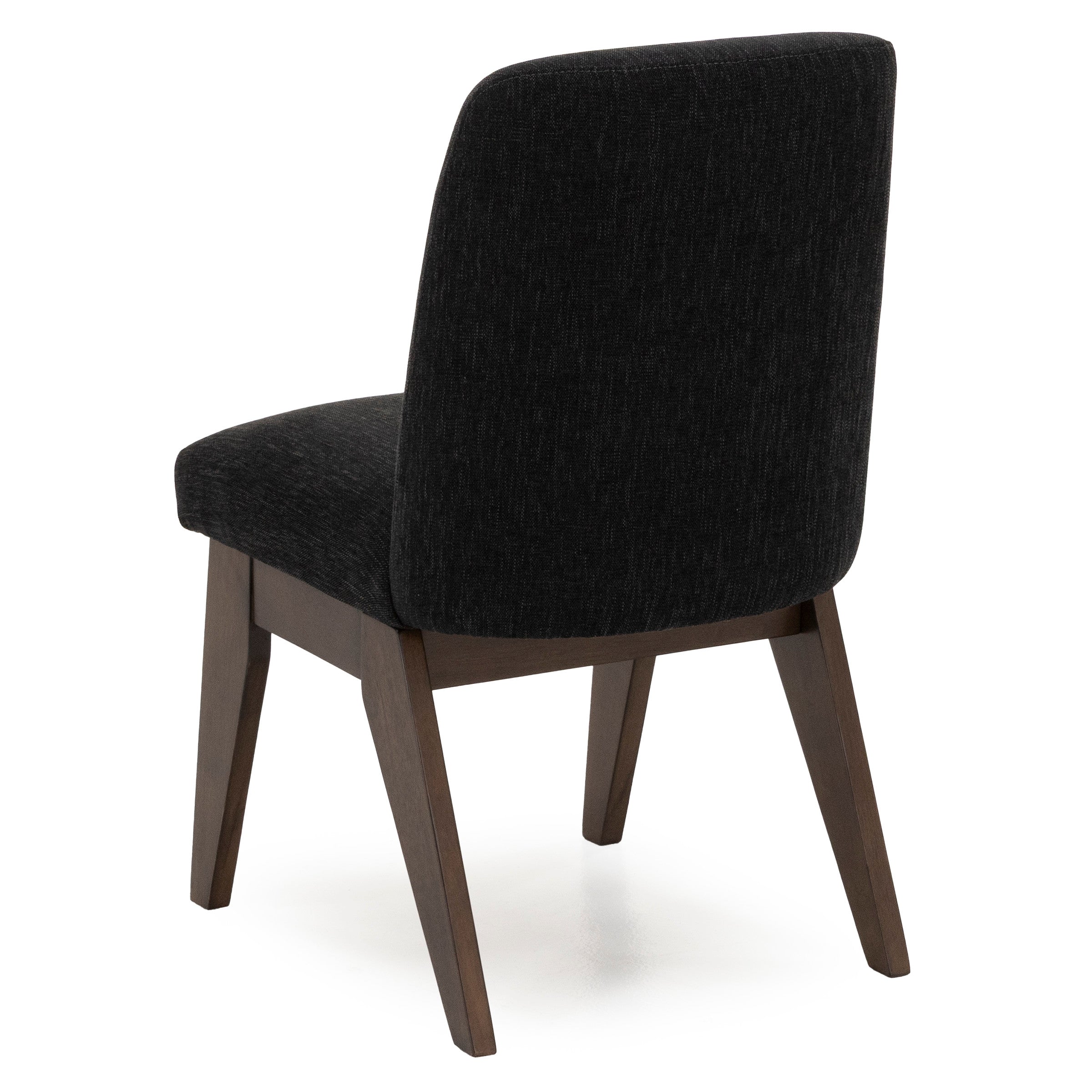 Back view of a modern dining chair with dark fabric and wooden legs.