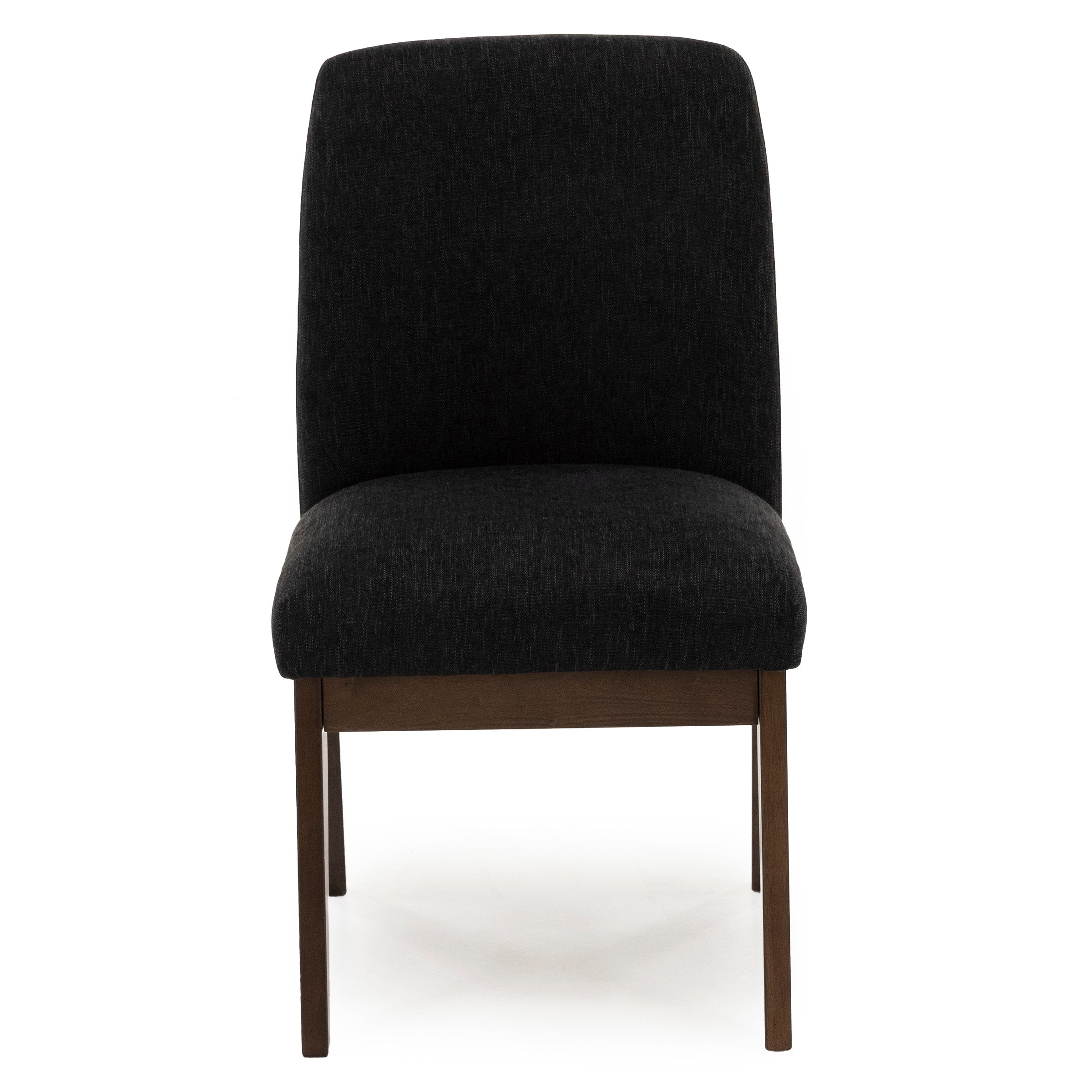 Front view of a black upholstered armless chair with wooden legs.