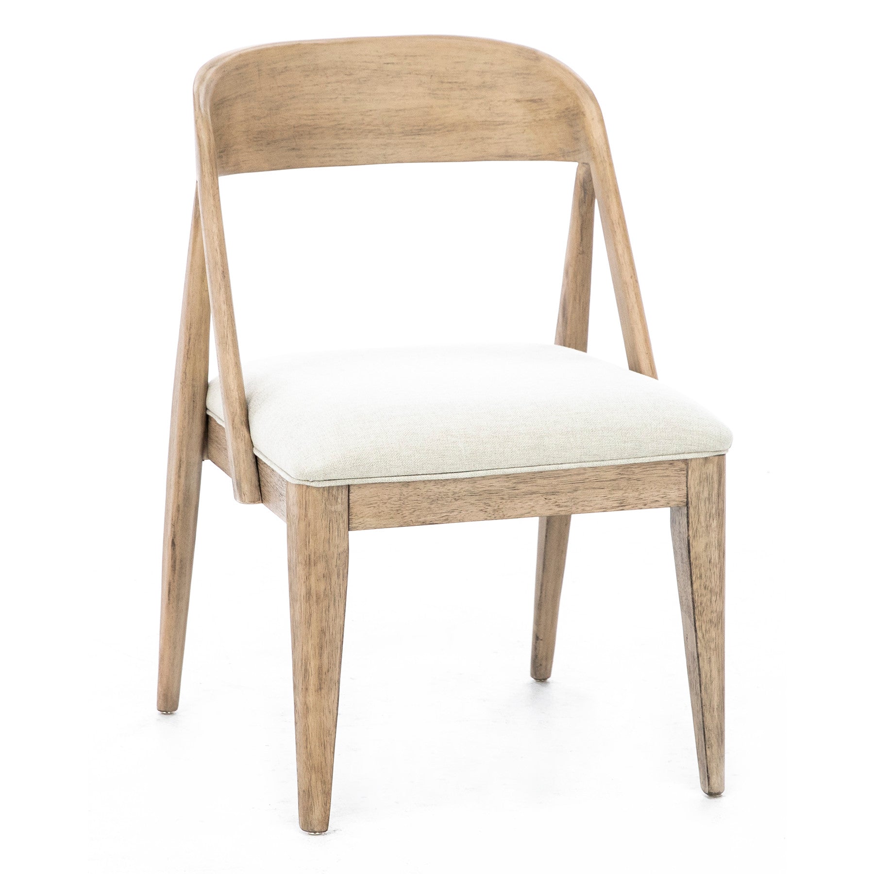 Modern wood dining chair with a curved backrest and light upholstered seat.