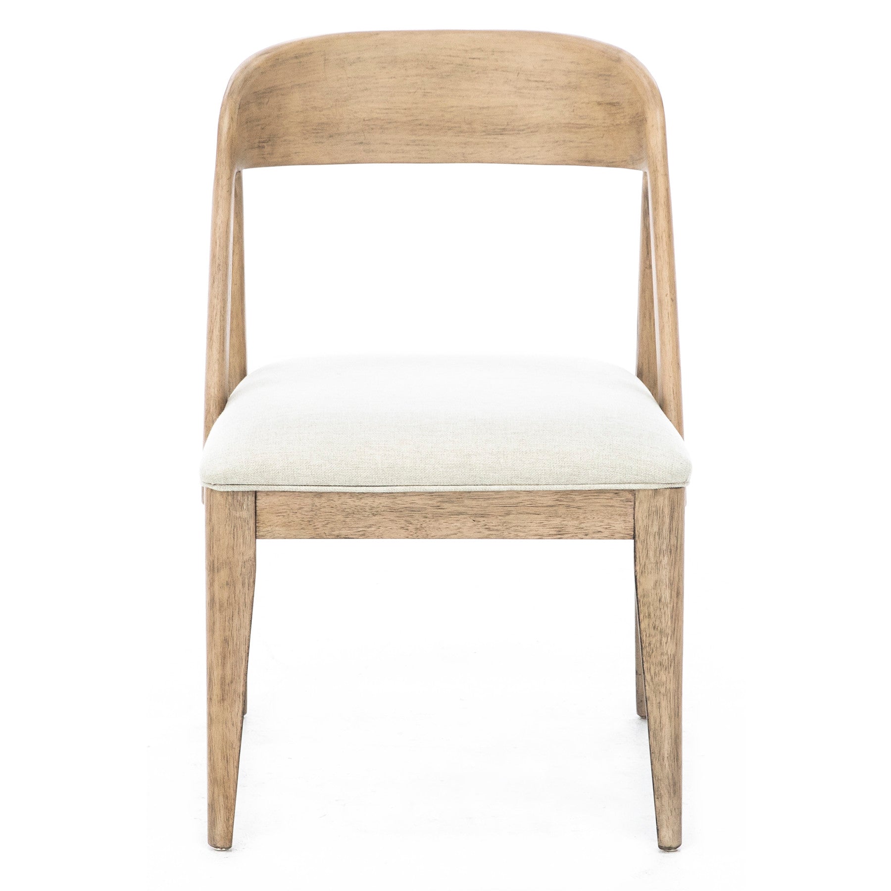 Light wood dining chair with curved backrest and upholstered seat, front view.