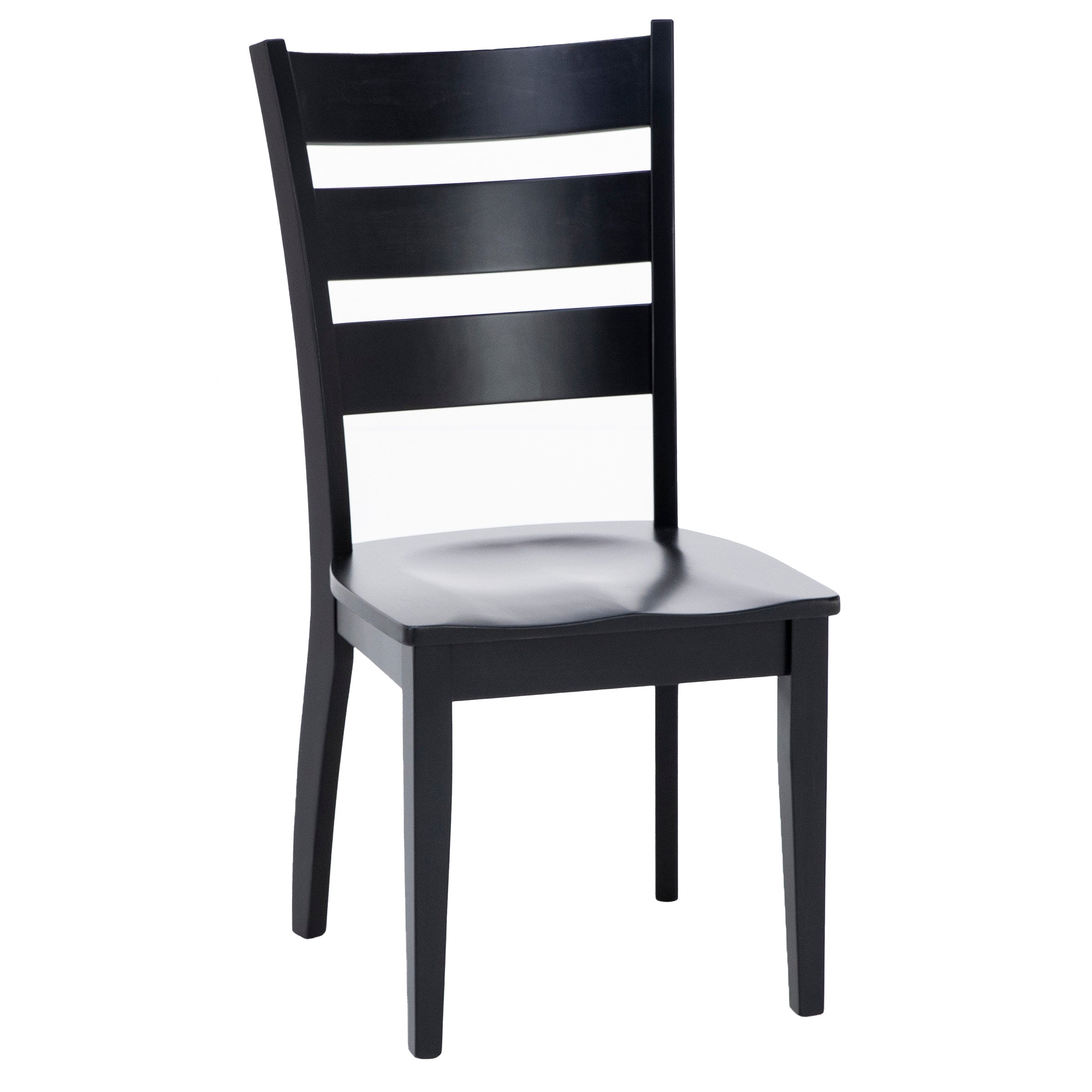 Black wooden chair with a curved seat and three horizontal slats on the backrest.