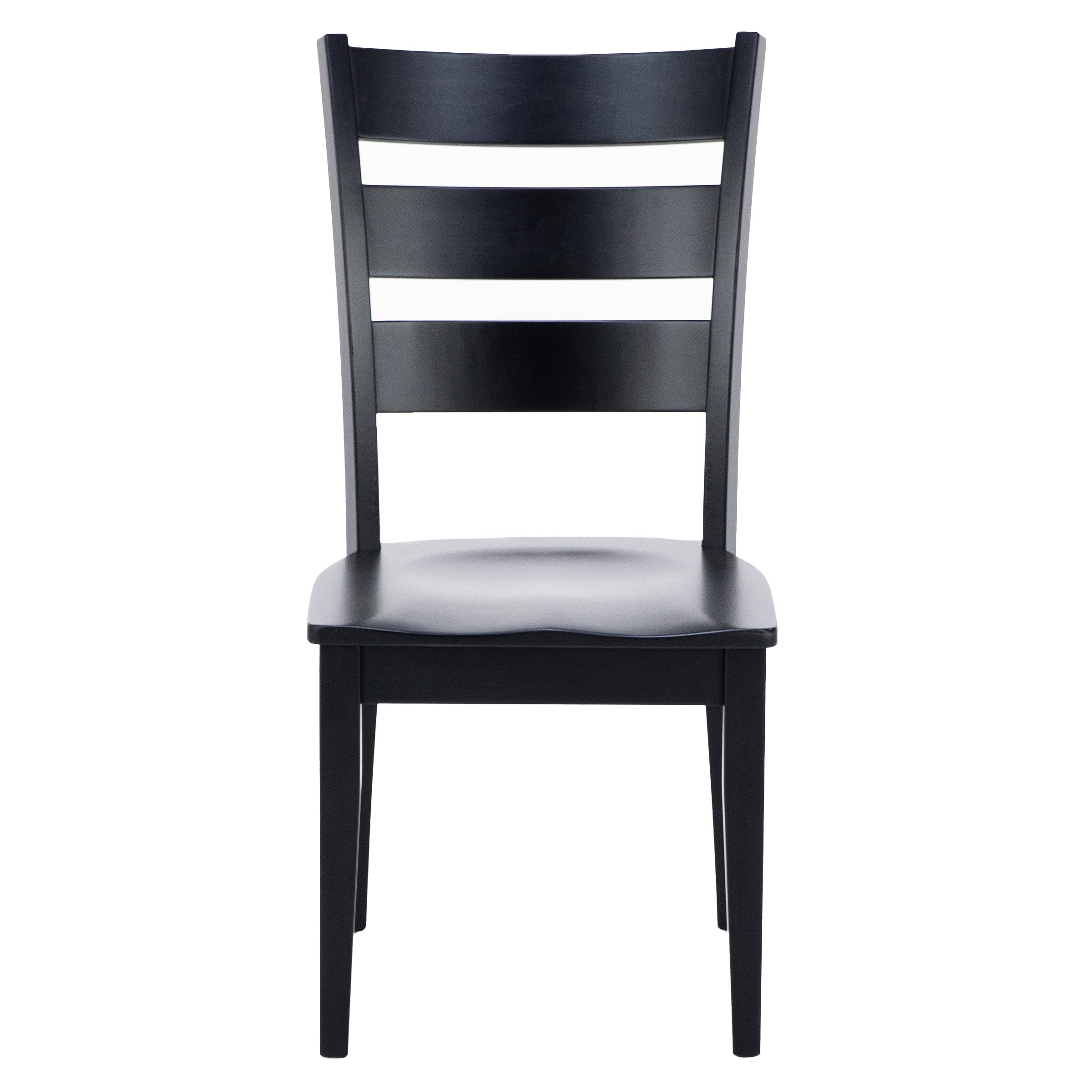 Black wooden chair with ladder back design, shown from the front.