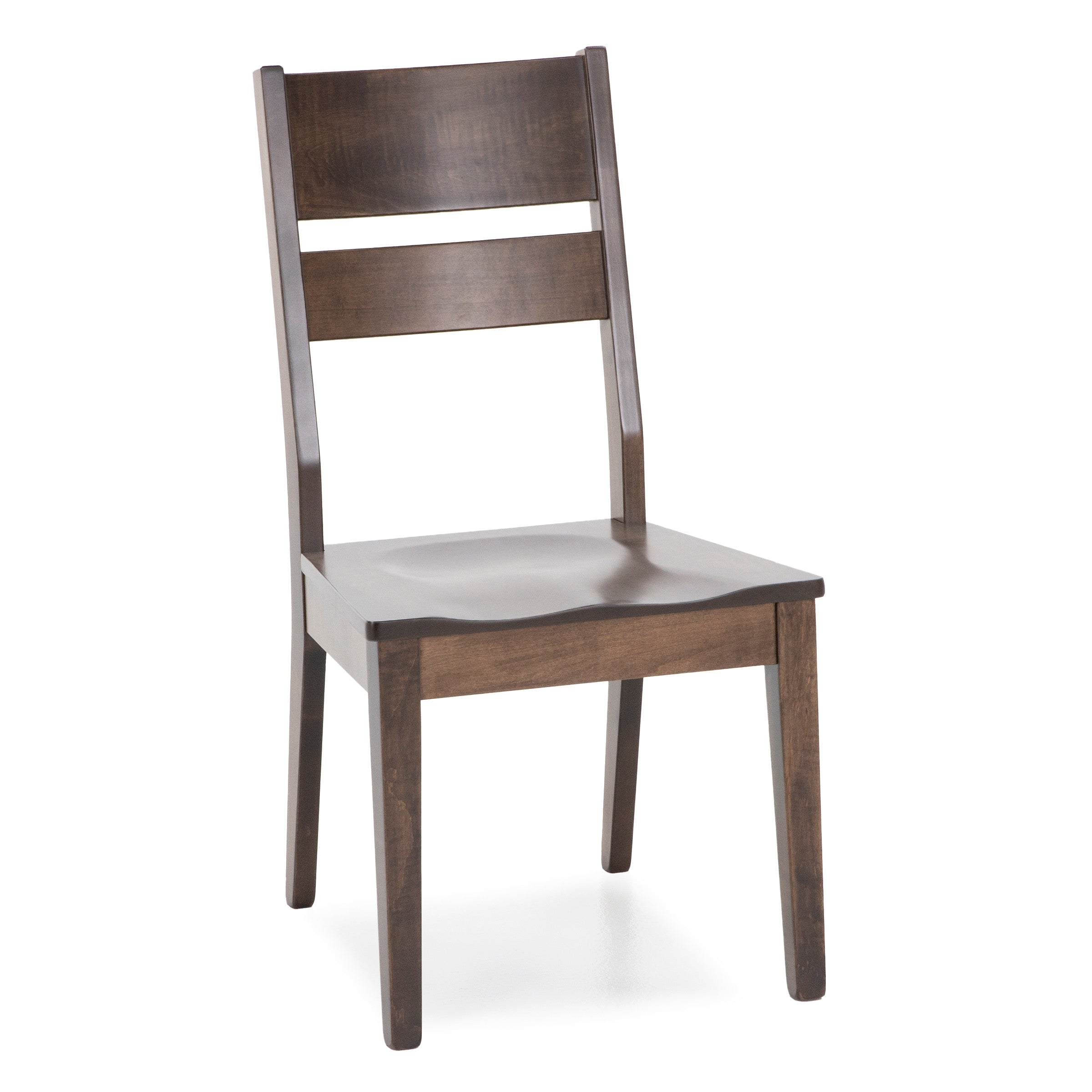 Dark wood dining chair with a solid seat and slatted back.