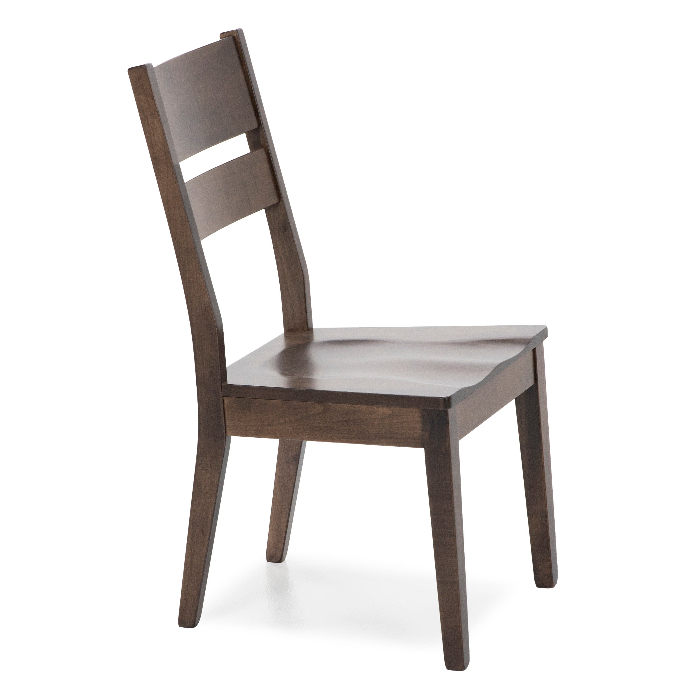 Dark wood chair with a contoured seat and ladder back design.