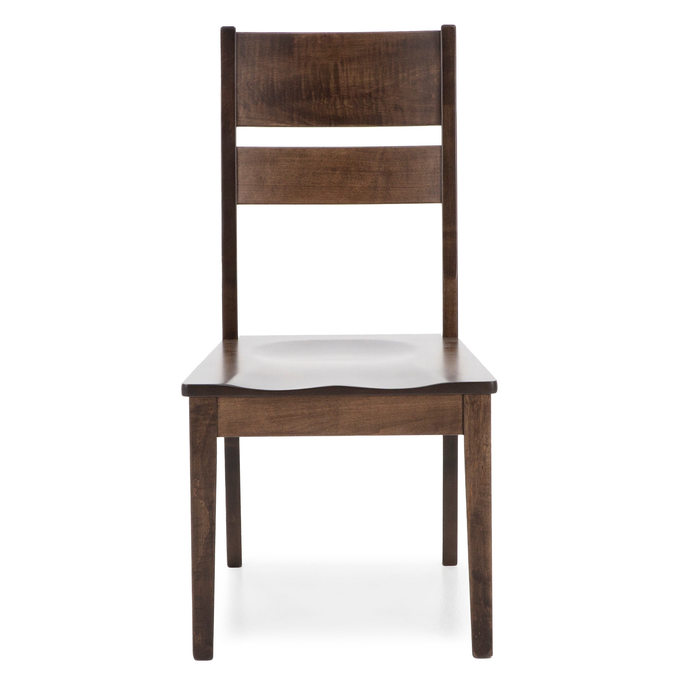 Front view of a dark wood chair with a slatted backrest and a flat seat.