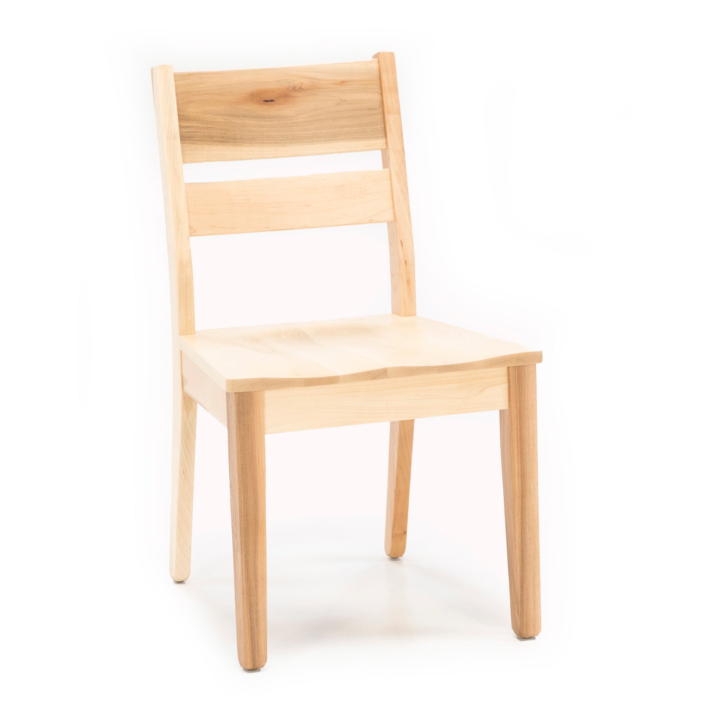 Light wood chair with a slatted backrest on a white background.