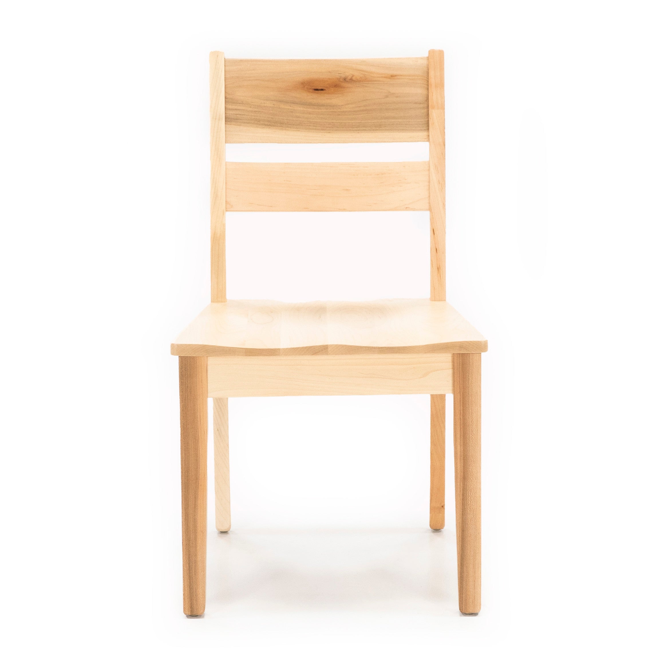 Simple natural wood chair with straight backrest, viewed from the front.