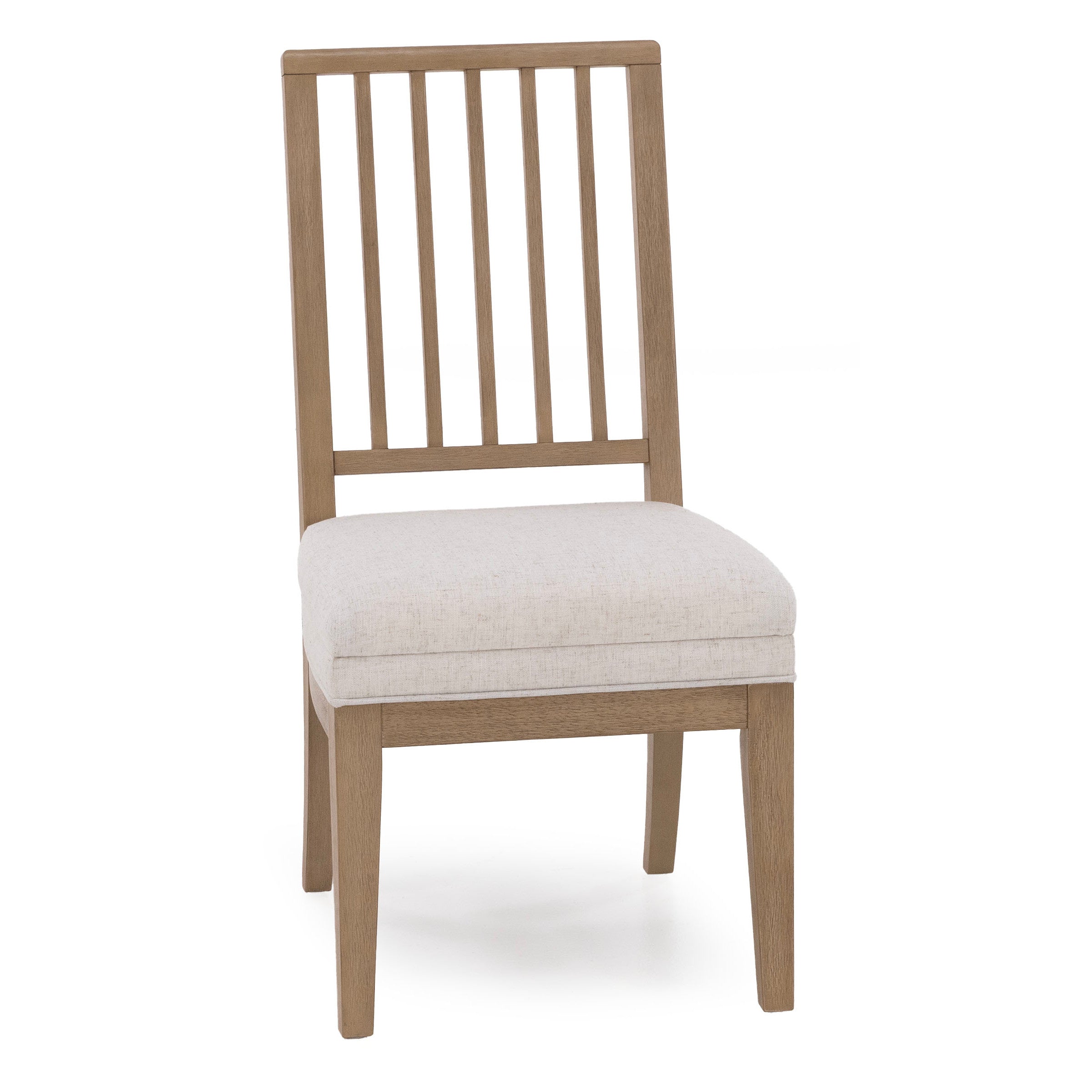 Wooden chair with cushioned seat and slatted backrest.