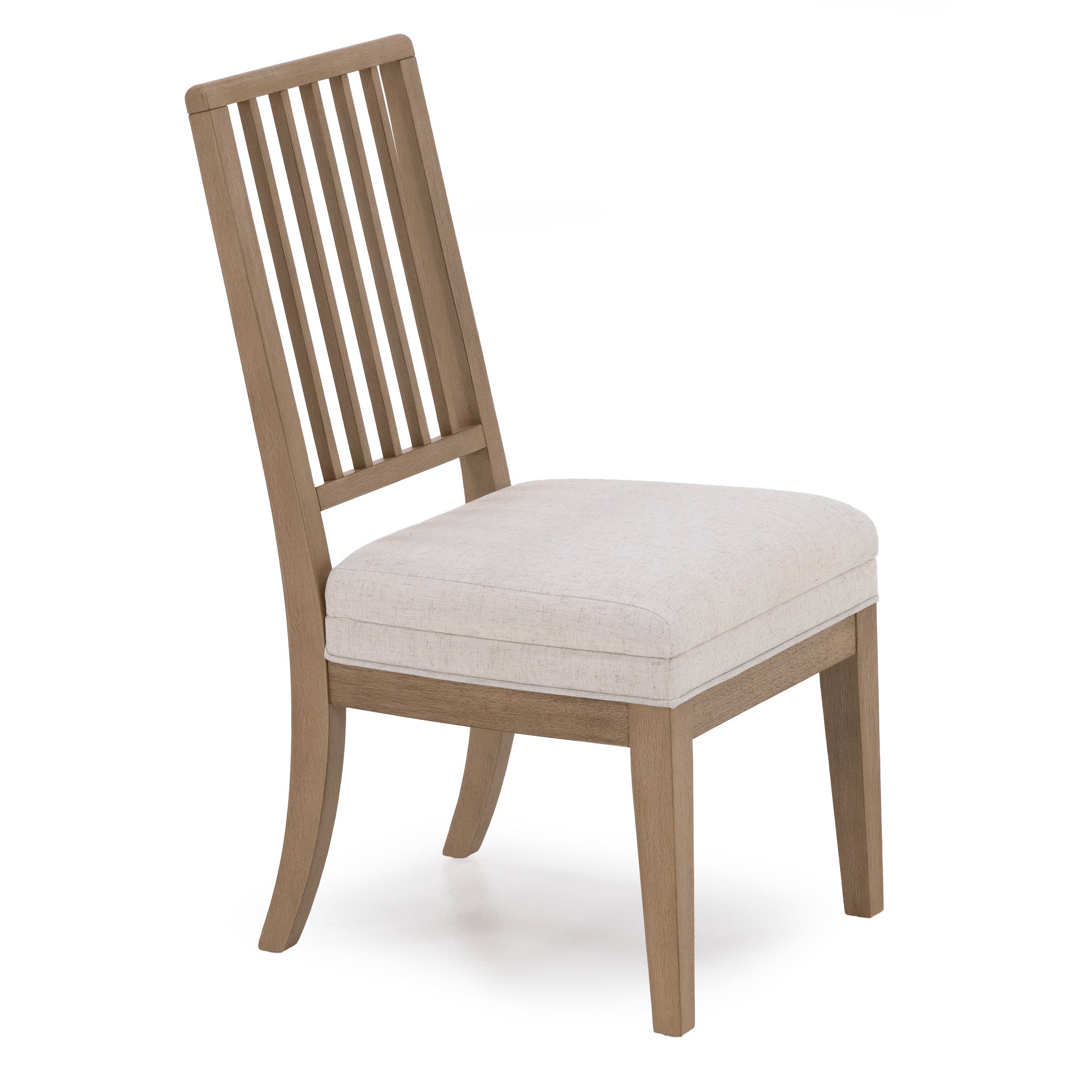 Light wood dining chair with vertical slat back and cushioned seat.