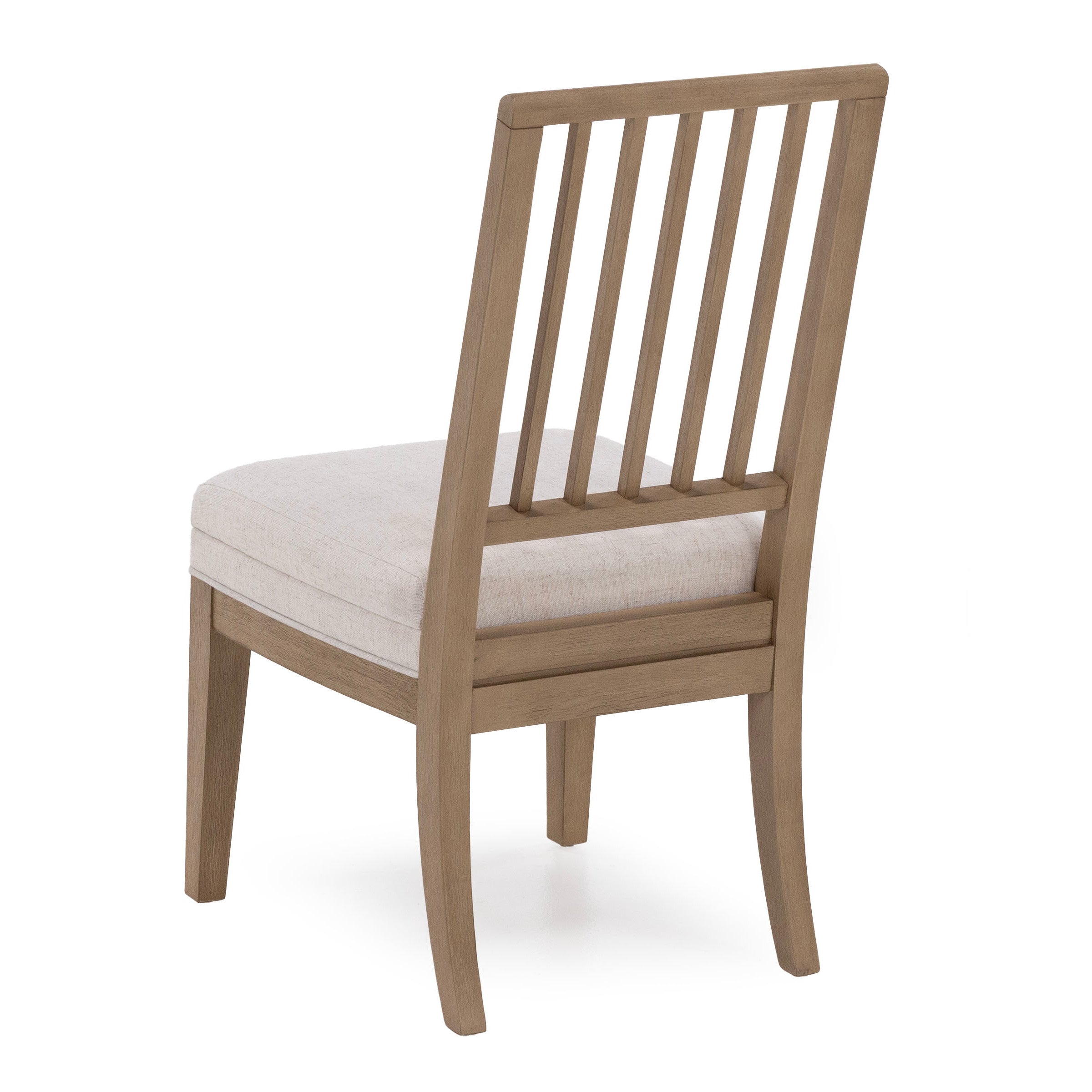 Wooden dining chair with a light fabric seat and slatted backrest.