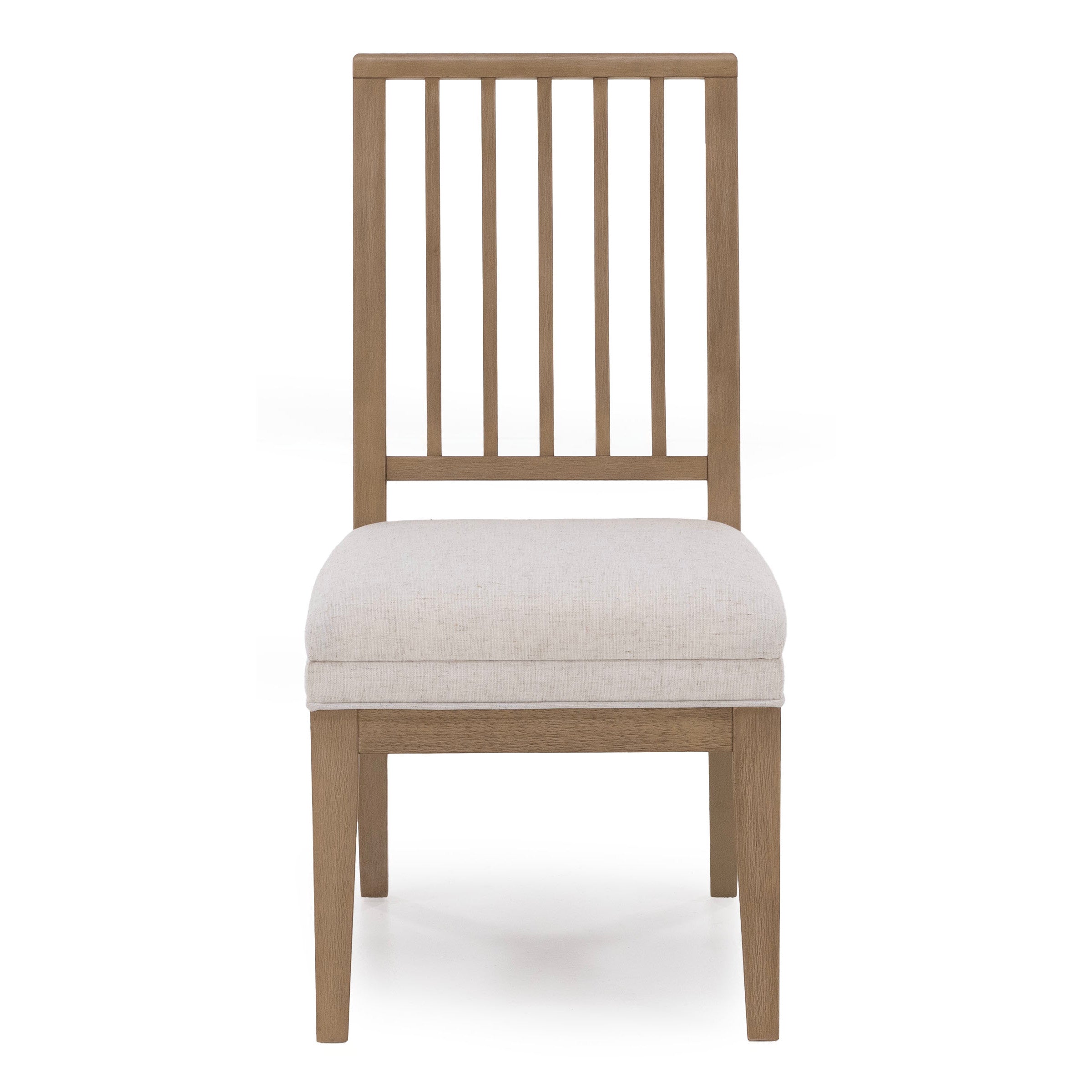 Wooden chair with vertical slat back and light upholstered seat, viewed from the front.