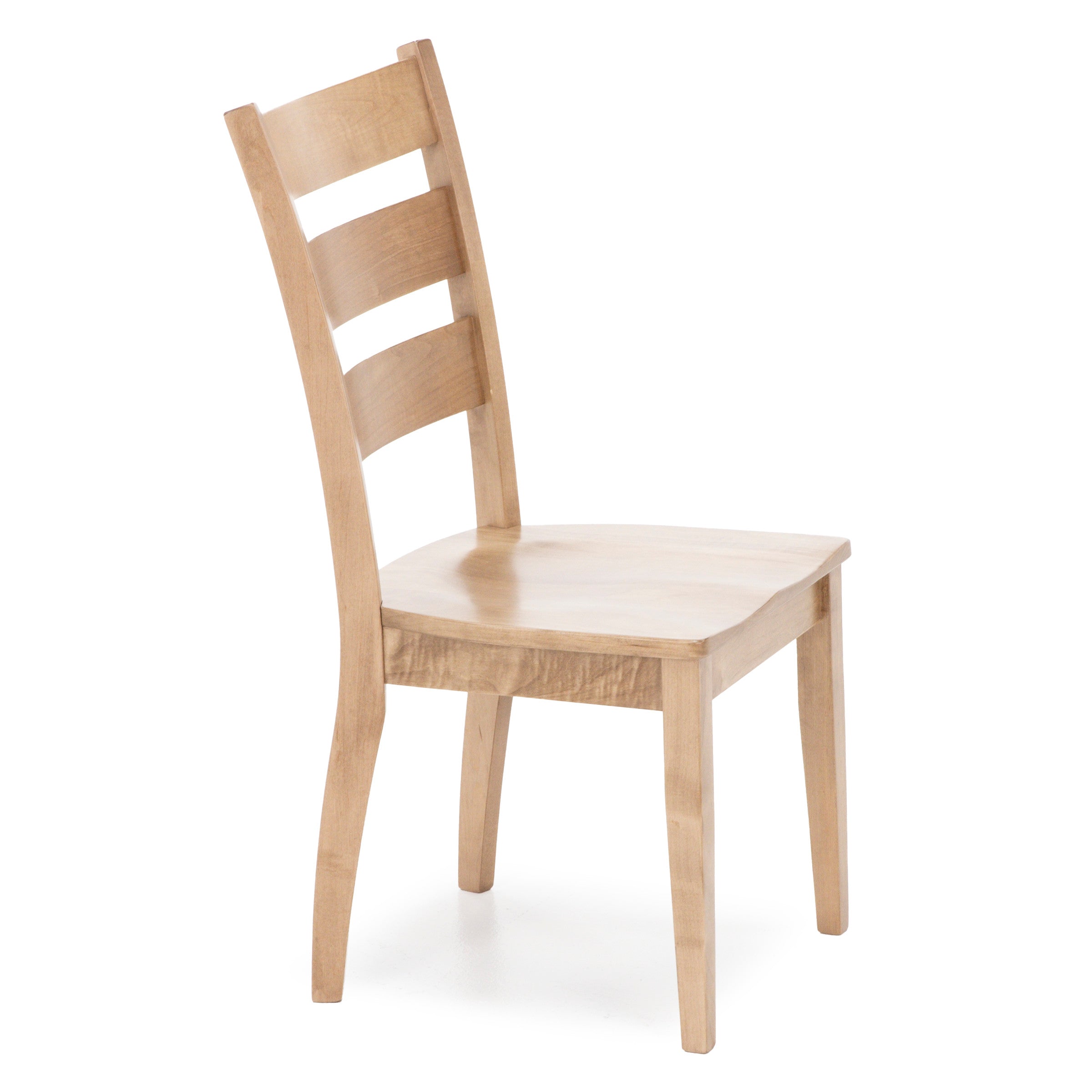 Light wood dining chair with a slatted backrest.