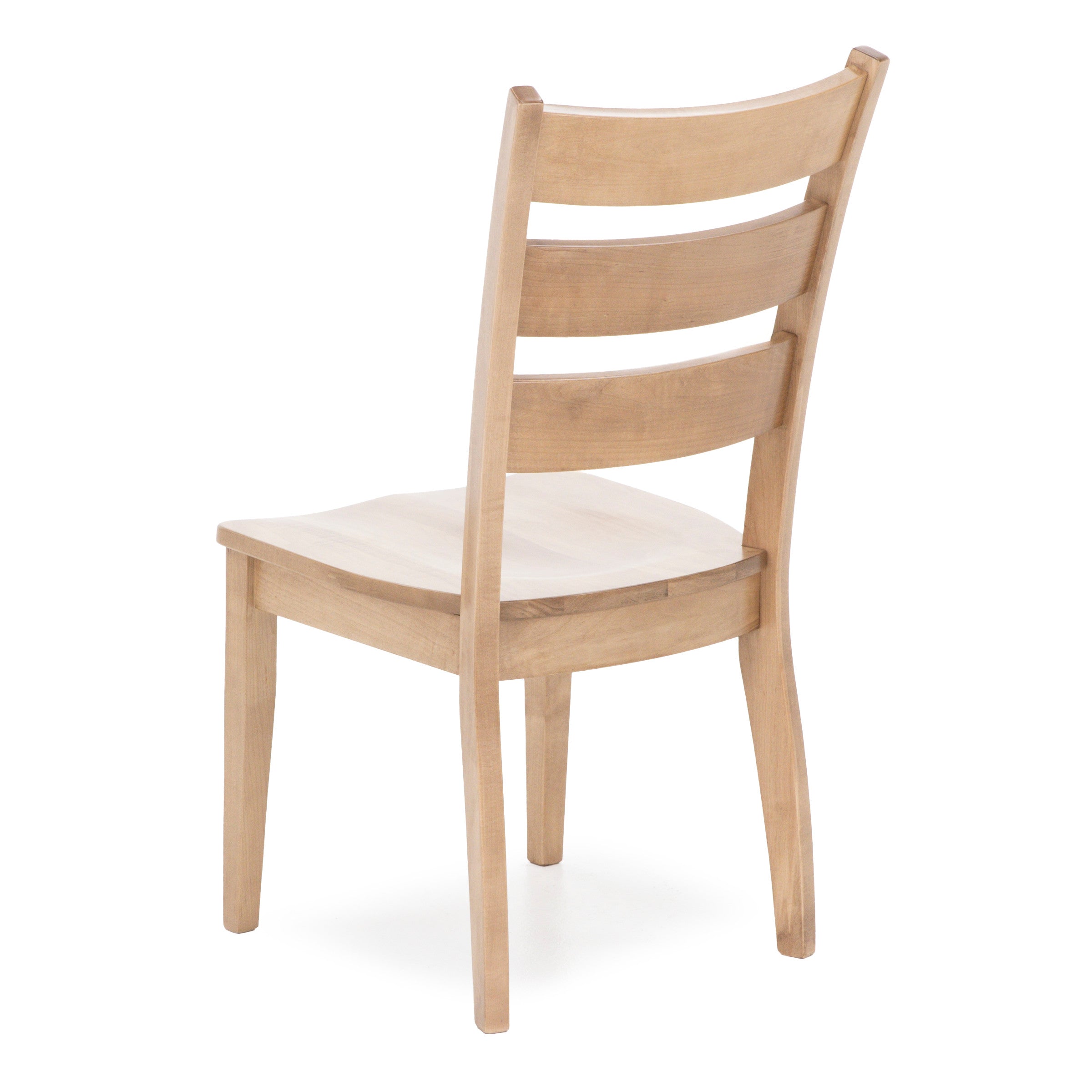 Back view of a light wood dining chair with a curved slat backrest.
