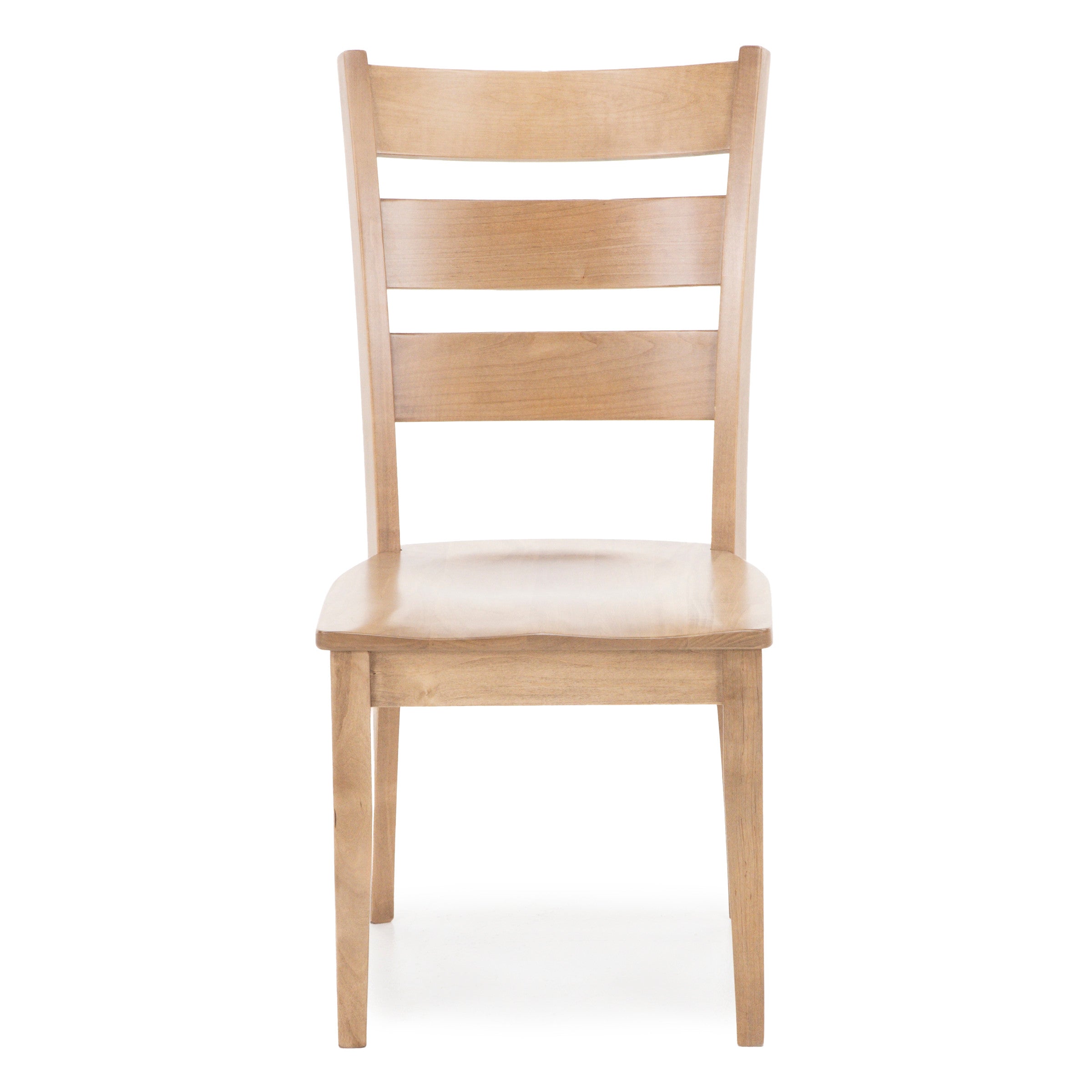 Simple light wood dining chair with ladder back design, viewed from the front.
