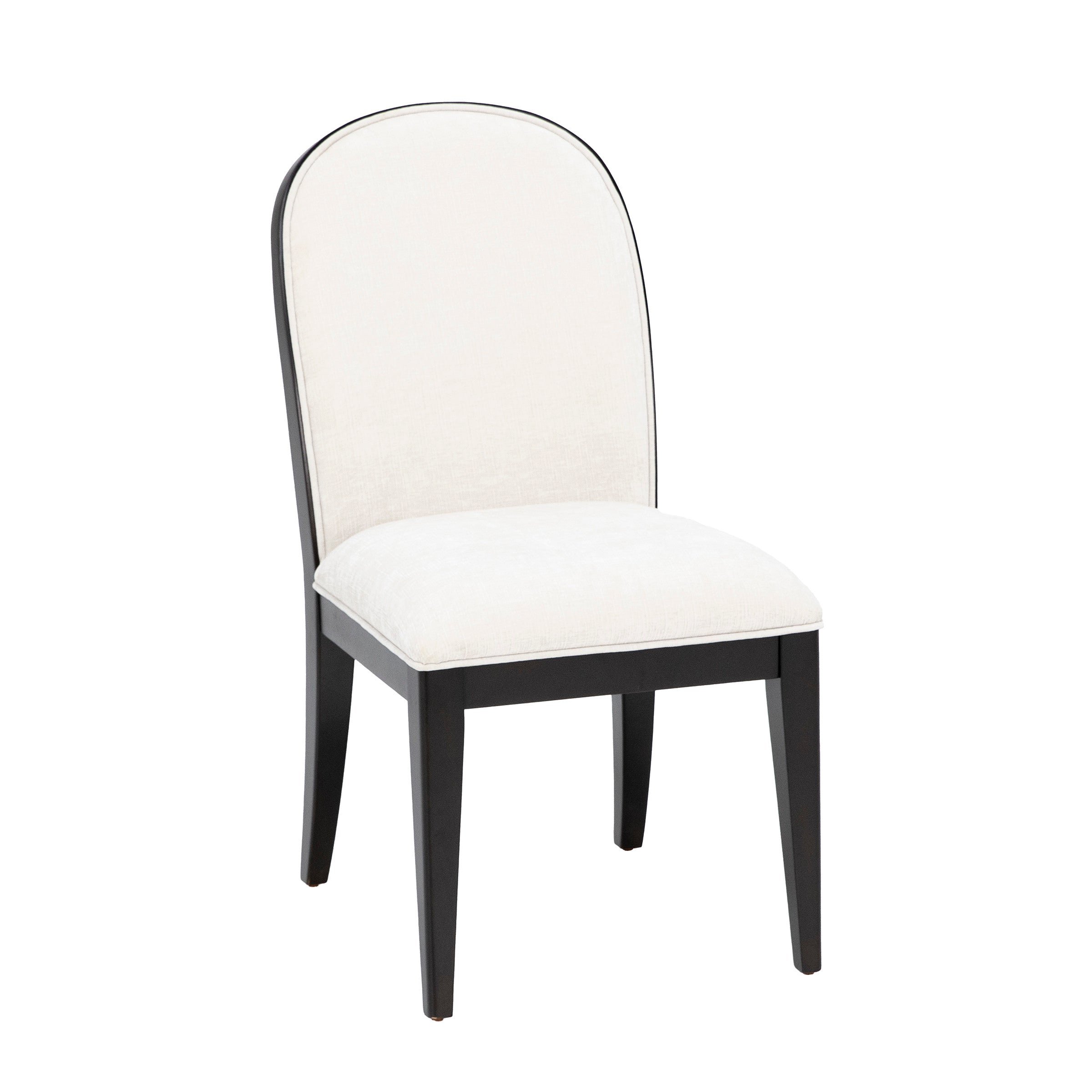Upholstered dining chair with cream fabric and black wooden frame.